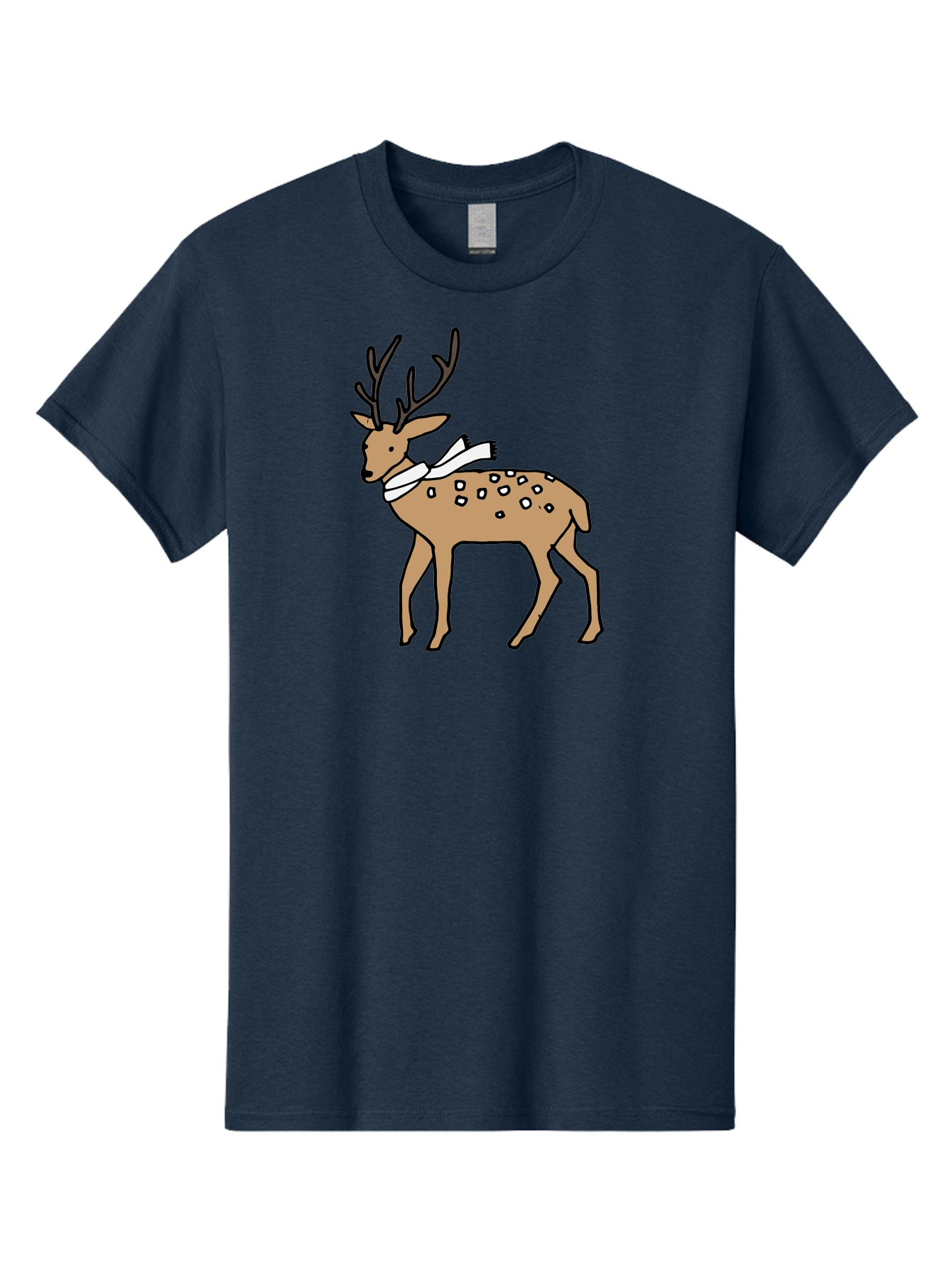 Deer-With-Scarf Men'S Graphic Tee, 100% Cotton, Comfortable Casual Summer Wear, Machine Washable, Cartoon Deer, Brown Deer, White Scarf, Black Spots, Festive Animal, Winter Illustration, Holiday Character, Deer Illustration, Scarf Wrapped, - Aaa853