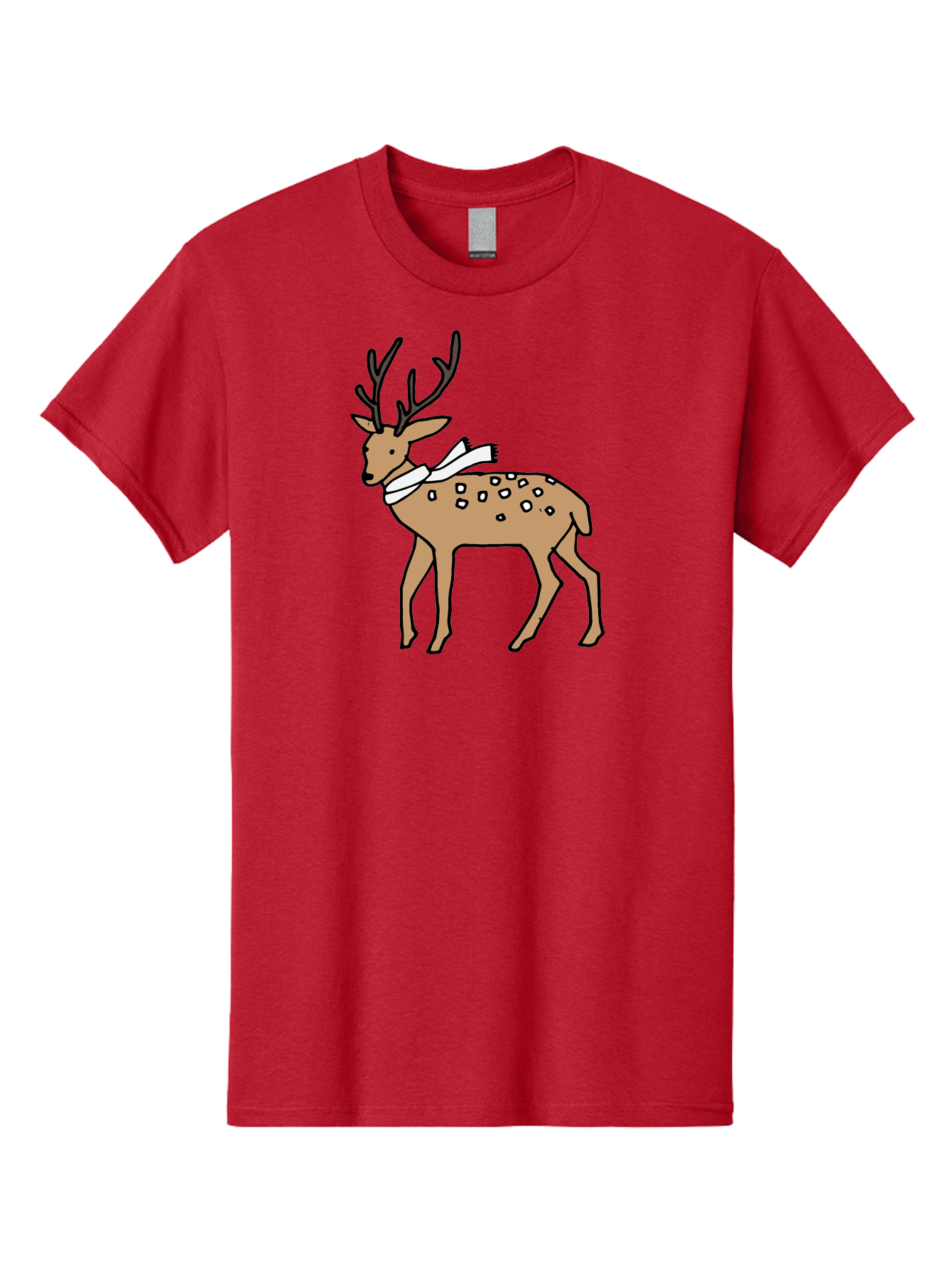 Deer-With-Scarf Men'S Graphic Tee, 100% Cotton, Comfortable Casual Summer Wear, Machine Washable, Cartoon Deer, Brown Deer, White Scarf, Black Spots, Festive Animal, Winter Illustration, Holiday Character, Deer Illustration, Scarf Wrapped, - Aaa853