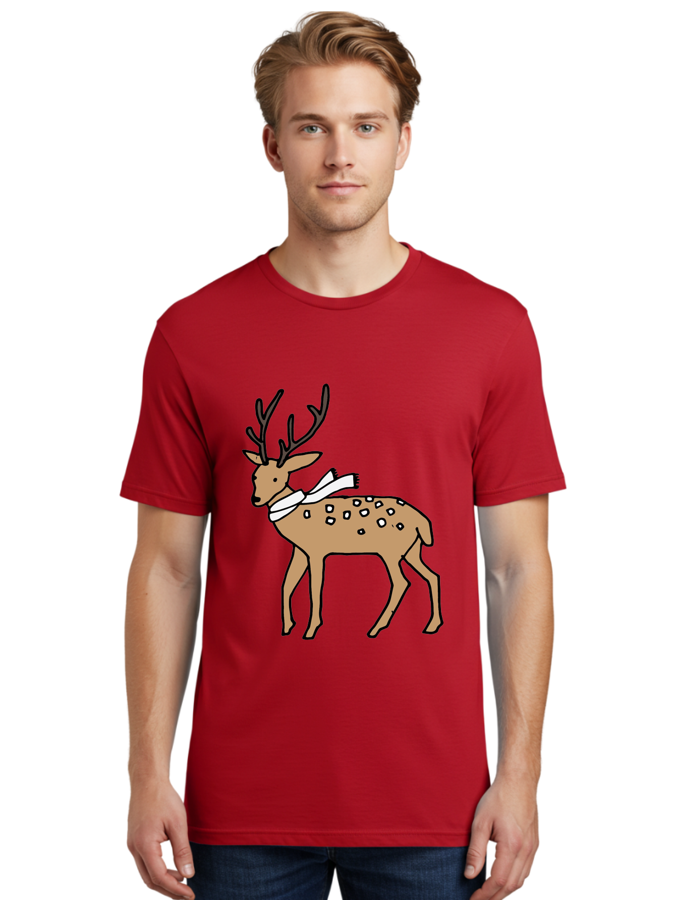Deer-With-Scarf Men'S Graphic Tee, 100% Cotton, Comfortable Casual Summer Wear, Machine Washable, Cartoon Deer, Brown Deer, White Scarf, Black Spots, Festive Animal, Winter Illustration, Holiday Character, Deer Illustration, Scarf Wrapped, - Aaa853