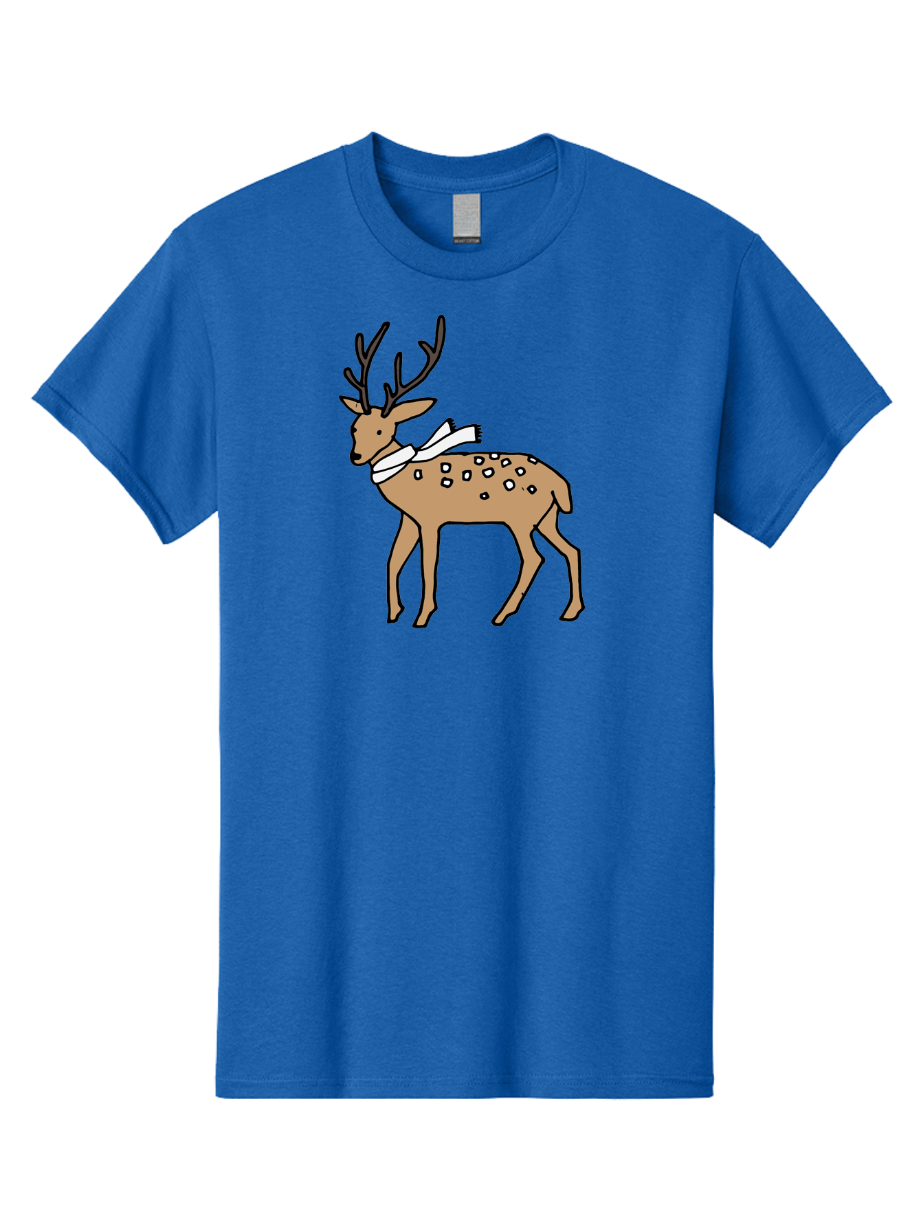 Deer-With-Scarf Men'S Graphic Tee, 100% Cotton, Comfortable Casual Summer Wear, Machine Washable, Cartoon Deer, Brown Deer, White Scarf, Black Spots, Festive Animal, Winter Illustration, Holiday Character, Deer Illustration, Scarf Wrapped, - Aaa853