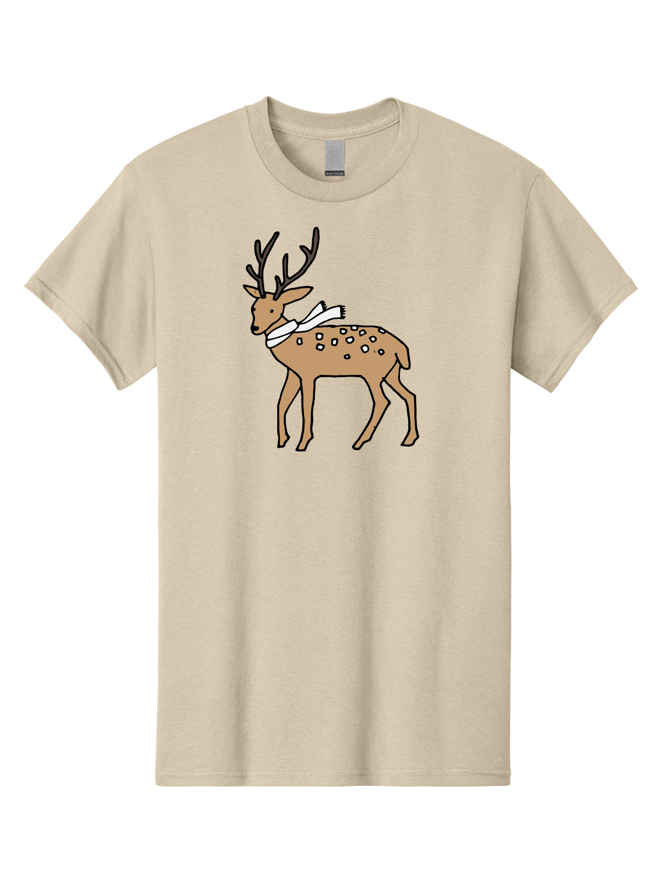 Deer-With-Scarf Men'S Graphic Tee, 100% Cotton, Comfortable Casual Summer Wear, Machine Washable, Cartoon Deer, Brown Deer, White Scarf, Black Spots, Festive Animal, Winter Illustration, Holiday Character, Deer Illustration, Scarf Wrapped, - Aaa853