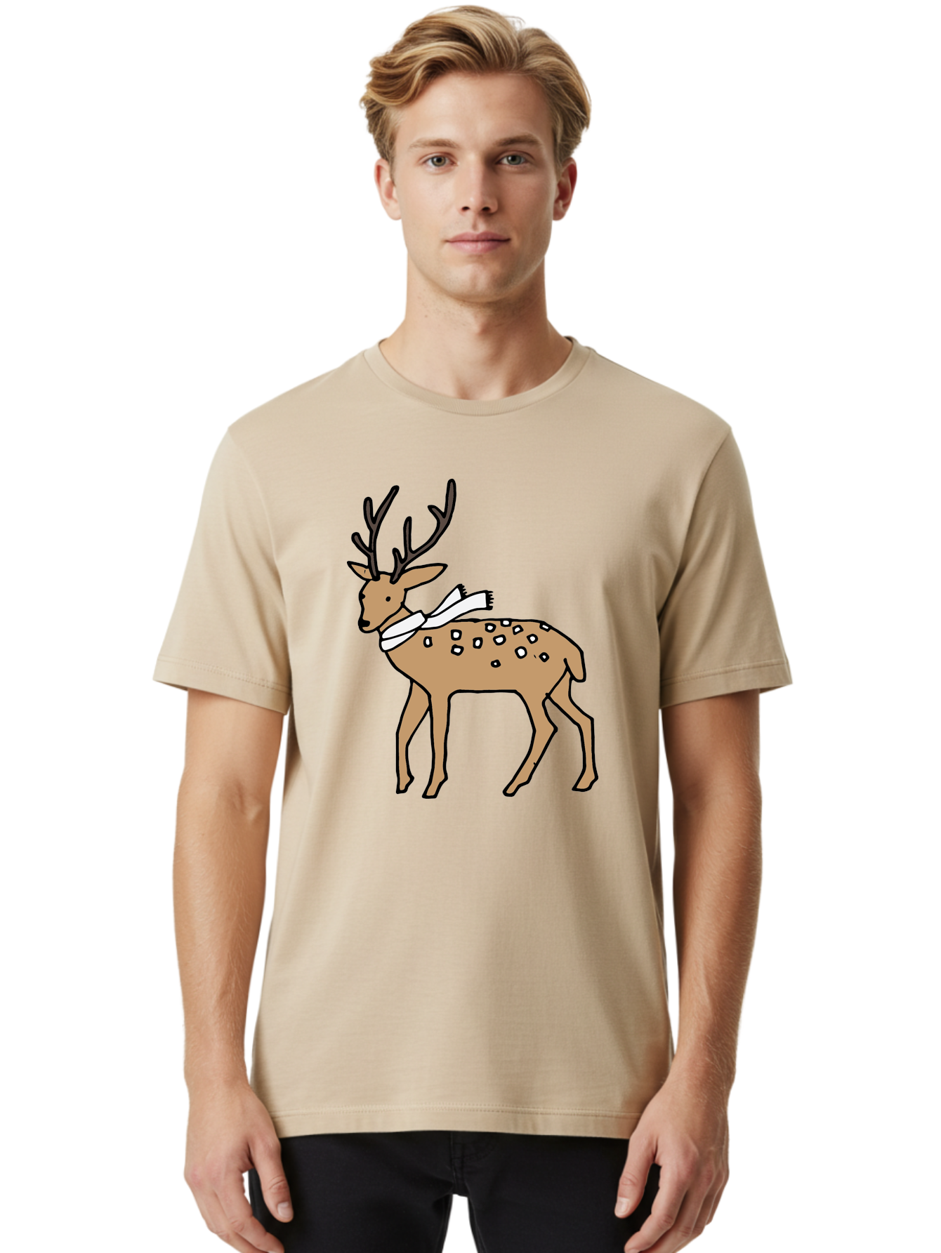 Deer-With-Scarf Men'S Graphic Tee, 100% Cotton, Comfortable Casual Summer Wear, Machine Washable, Cartoon Deer, Brown Deer, White Scarf, Black Spots, Festive Animal, Winter Illustration, Holiday Character, Deer Illustration, Scarf Wrapped, - Aaa853