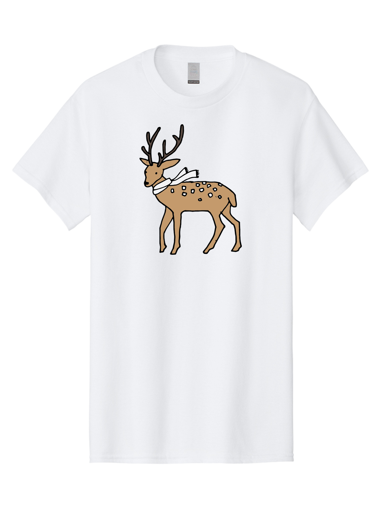 Deer-With-Scarf Men'S Graphic Tee, 100% Cotton, Comfortable Casual Summer Wear, Machine Washable, Cartoon Deer, Brown Deer, White Scarf, Black Spots, Festive Animal, Winter Illustration, Holiday Character, Deer Illustration, Scarf Wrapped, - Aaa853