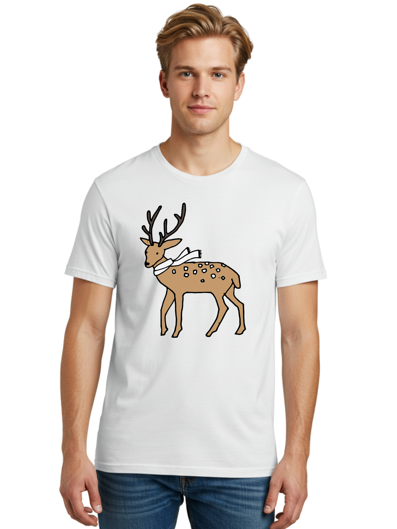 Deer-With-Scarf Men'S Graphic Tee, 100% Cotton, Comfortable Casual Summer Wear, Machine Washable, Cartoon Deer, Brown Deer, White Scarf, Black Spots, Festive Animal, Winter Illustration, Holiday Character, Deer Illustration, Scarf Wrapped, - Aaa853