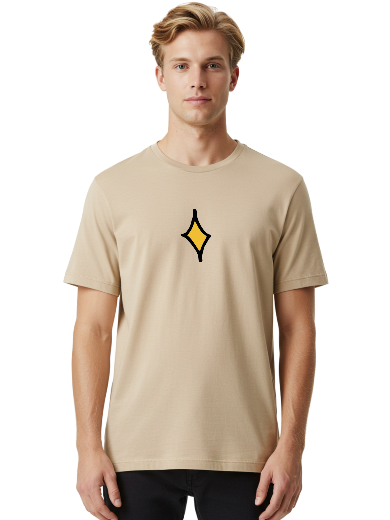 Diamond-Shape Men'S Graphic Tee, 100% Cotton, Comfortable Casual Summer Wear, Machine Washable, Yellow Diamond Shape, Black Outline, Simple Graphic, Abstract Design, Minimalist Art, Geometric Figure, Modern Icon - Aaa855