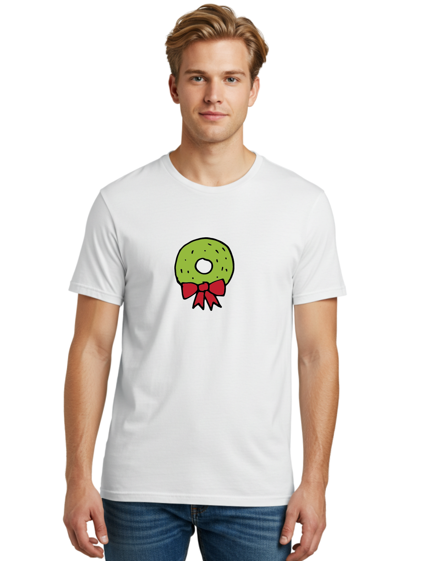 Donut-With-Red-Bow Men'S Graphic Tee, 100% Cotton, Comfortable Casual Summer Wear, Machine Washable, Cartoon Donut, Sweet Treat, Red Bow, Black Outline, Green Frosting, Pop Art Style, Fun Illustration, Tasty Pastry, Creative Artwork - Aaa861