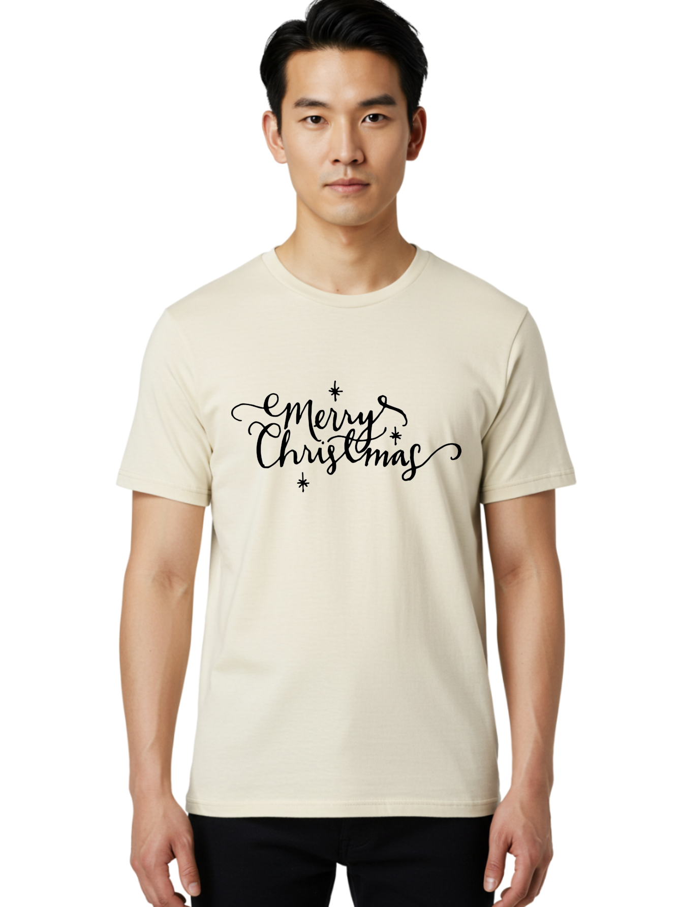 Emerry-Christmas Men'S Graphic Tee, 100% Cotton, Comfortable Casual Summer Wear, Machine Washable, Merry Christmas, Festive Greeting, Holiday Wishes, Cursive Script, Black Text, Starry Decorations, Winter Season, Holiday Cheer, - Aaa869
