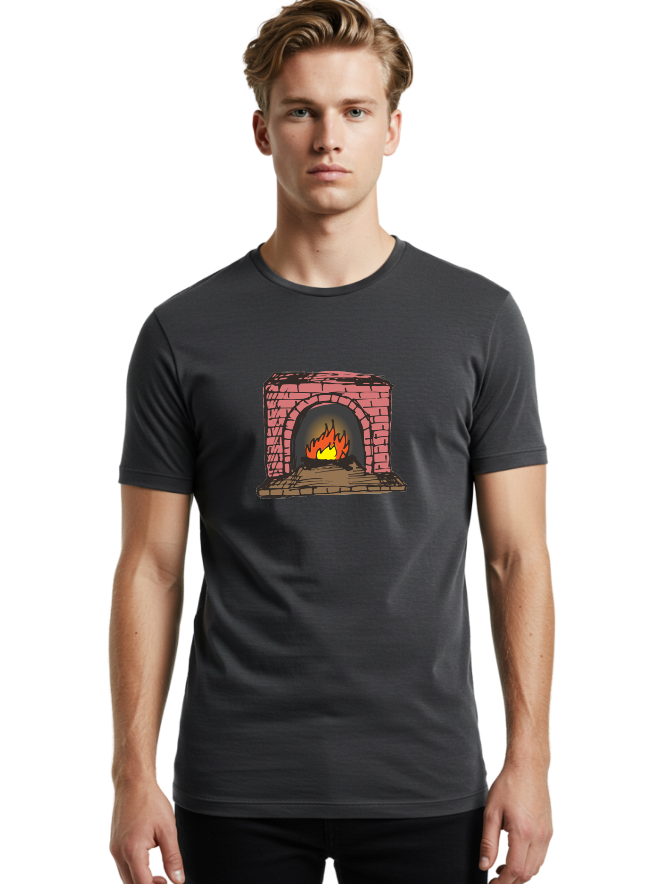 Fireplace-1 Men'S Graphic Tee, 100% Cotton, Comfortable Casual Summer Wear, Machine Washable, Cozy Fireplace, Burning Fire, Warm Flames, Brick Structure, Wooden Logs, Burning Wood, Warm Ambiance, Crackling Fire - Aaa879