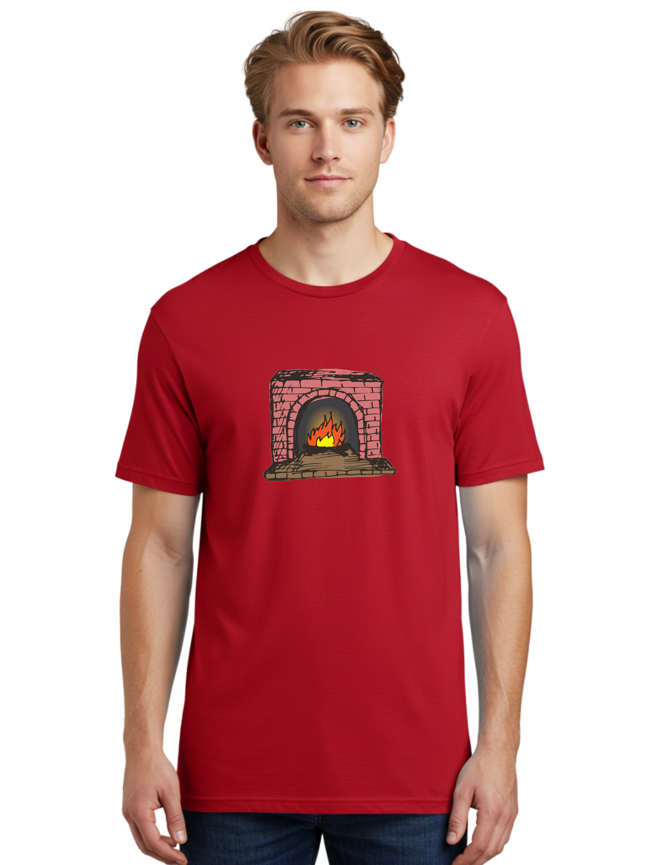 Fireplace-1 Men'S Graphic Tee, 100% Cotton, Comfortable Casual Summer Wear, Machine Washable, Cozy Fireplace, Burning Fire, Warm Flames, Brick Structure, Wooden Logs, Burning Wood, Warm Ambiance, Crackling Fire - Aaa879