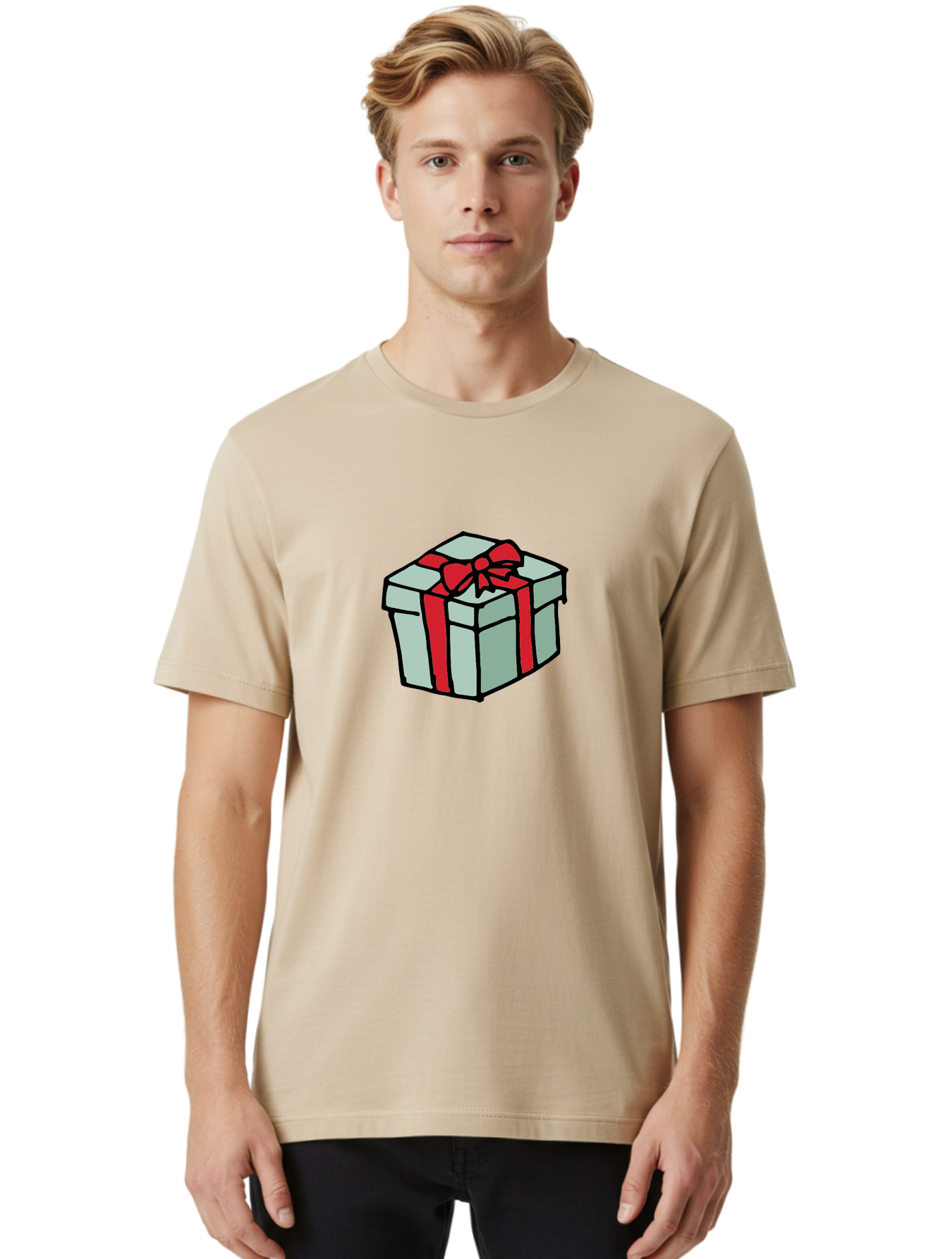 Gift-Box Men'S Graphic Tee, 100% Cotton, Comfortable Casual Summer Wear, Machine Washable, Wrapped Present, Gift Box, Red Ribbon, Festive Wrapping, Holiday Gift, Present With Bow, Gift Idea - Aaa895