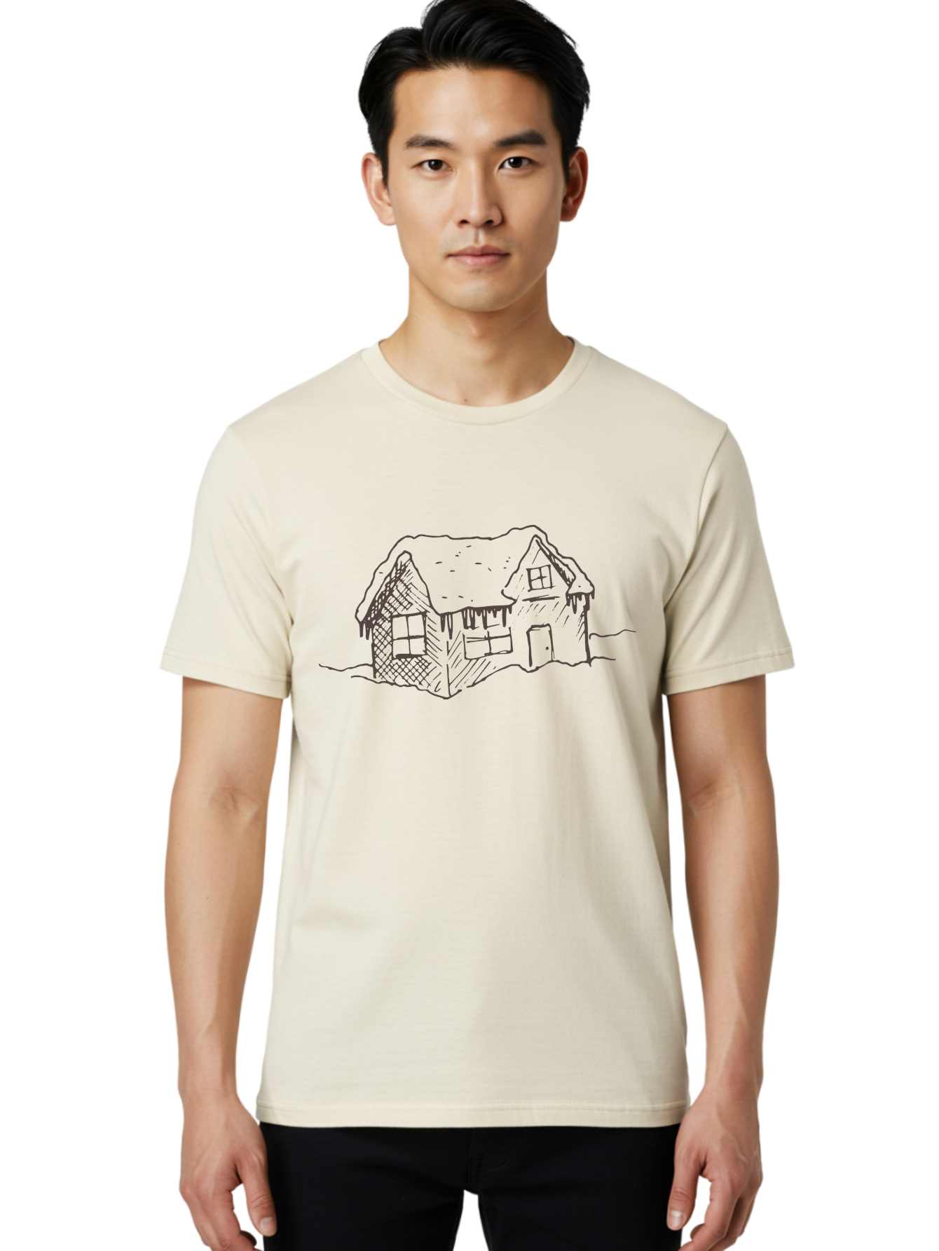 Gingerbread-House Men'S Graphic Tee, 100% Cotton, Comfortable Casual Summer Wear, Machine Washable, Whimsical House, Simple Drawing, Sketch Art, Cottage Design, Dreamy Architecture, Charming Abode, Rustic Charm, Hand-Drawn Illustration - Aaa896