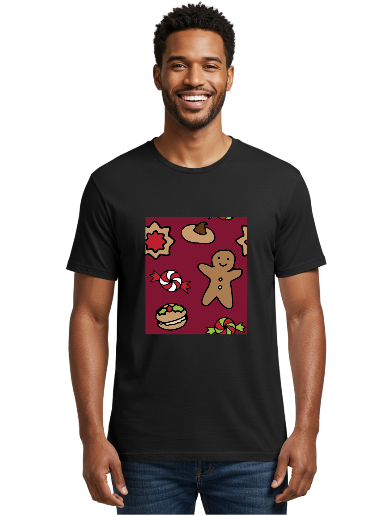 Gingerbread-Man Men'S Graphic Tee, 100% Cotton, Comfortable Casual Summer Wear, Machine Washable, Gingerbread Man, Christmas Sweets, Candies, Cookies, Festive Treats, Holiday Delights, Red And White Swirls, Christmas Cookies, - Aaa903
