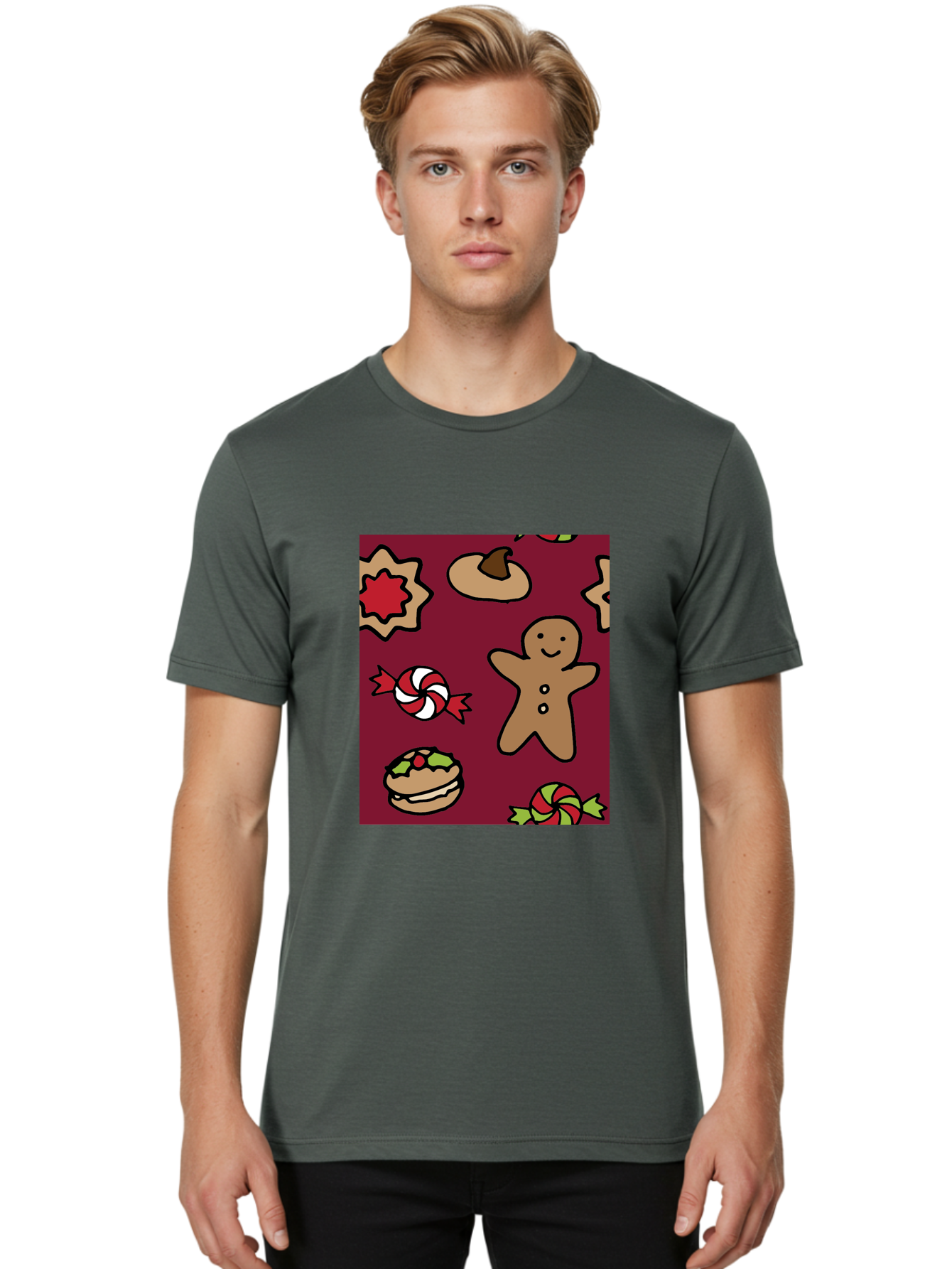 Gingerbread-Man Men'S Graphic Tee, 100% Cotton, Comfortable Casual Summer Wear, Machine Washable, Gingerbread Man, Christmas Sweets, Candies, Cookies, Festive Treats, Holiday Delights, Red And White Swirls, Christmas Cookies, - Aaa903