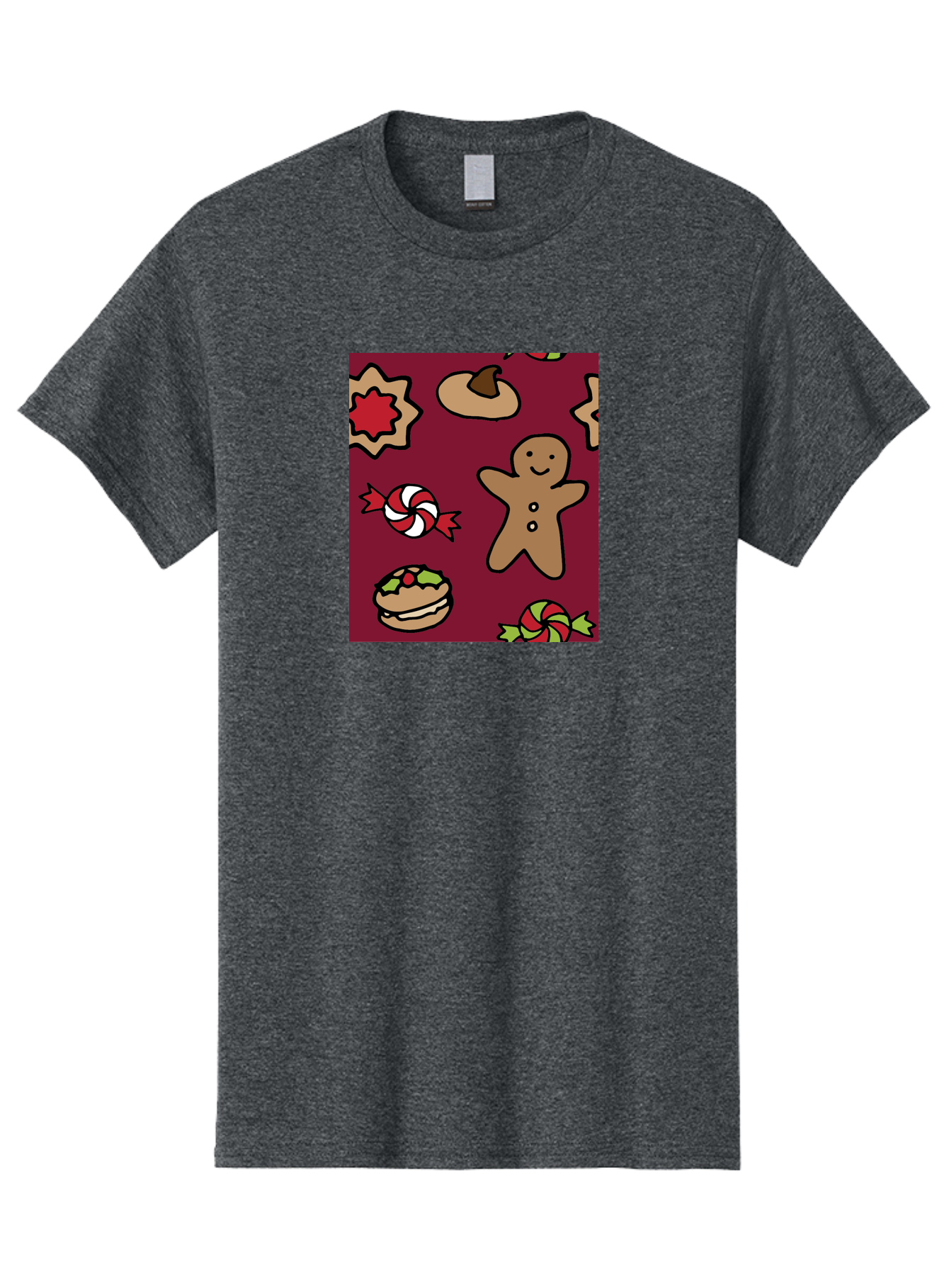 Gingerbread-Man Men'S Graphic Tee, 100% Cotton, Comfortable Casual Summer Wear, Machine Washable, Gingerbread Man, Christmas Sweets, Candies, Cookies, Festive Treats, Holiday Delights, Red And White Swirls, Christmas Cookies, - Aaa903