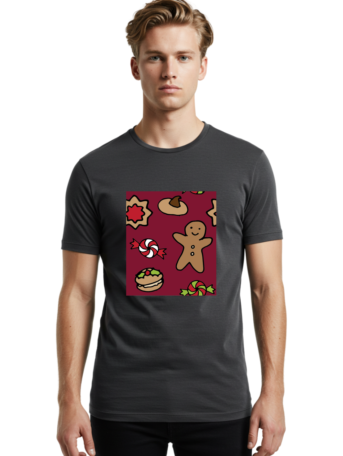 Gingerbread-Man Men'S Graphic Tee, 100% Cotton, Comfortable Casual Summer Wear, Machine Washable, Gingerbread Man, Christmas Sweets, Candies, Cookies, Festive Treats, Holiday Delights, Red And White Swirls, Christmas Cookies, - Aaa903