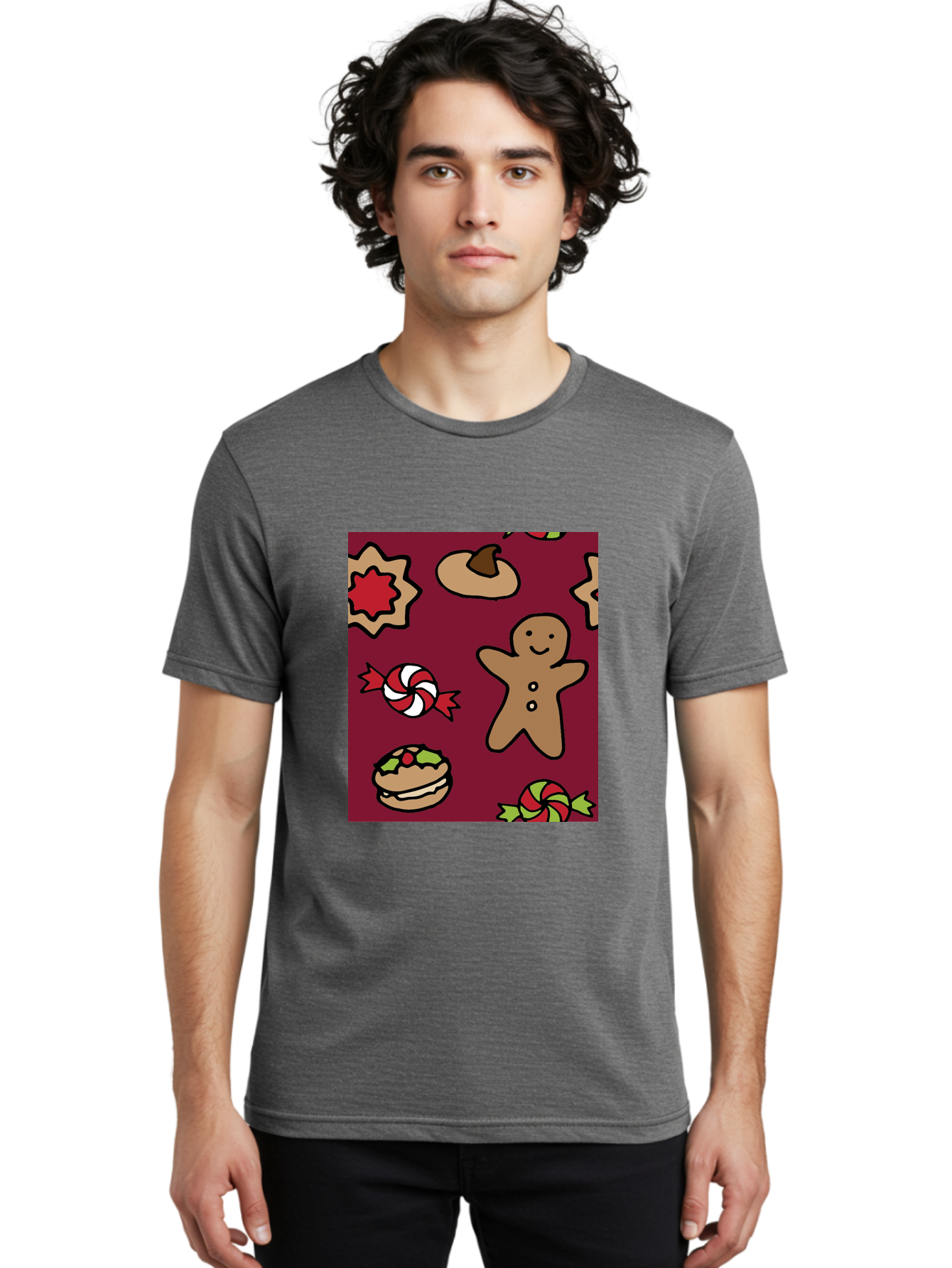 Gingerbread-Man Men'S Graphic Tee, 100% Cotton, Comfortable Casual Summer Wear, Machine Washable, Gingerbread Man, Christmas Sweets, Candies, Cookies, Festive Treats, Holiday Delights, Red And White Swirls, Christmas Cookies, - Aaa903