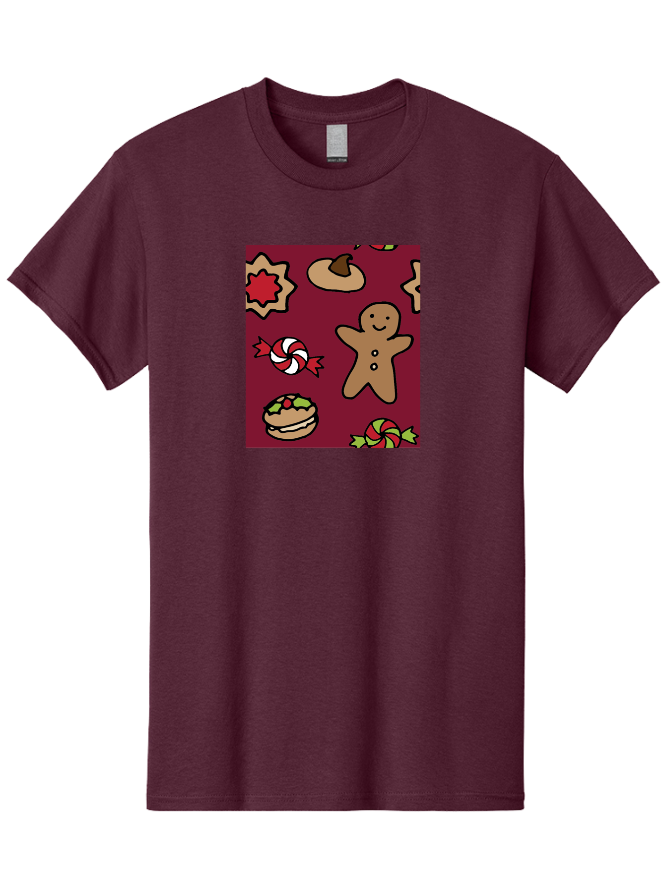 Gingerbread-Man Men'S Graphic Tee, 100% Cotton, Comfortable Casual Summer Wear, Machine Washable, Gingerbread Man, Christmas Sweets, Candies, Cookies, Festive Treats, Holiday Delights, Red And White Swirls, Christmas Cookies, - Aaa903