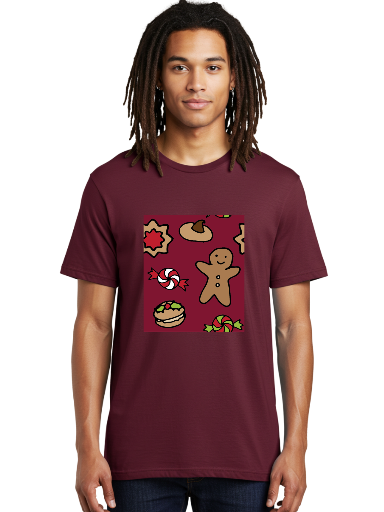 Gingerbread-Man Men'S Graphic Tee, 100% Cotton, Comfortable Casual Summer Wear, Machine Washable, Gingerbread Man, Christmas Sweets, Candies, Cookies, Festive Treats, Holiday Delights, Red And White Swirls, Christmas Cookies, - Aaa903