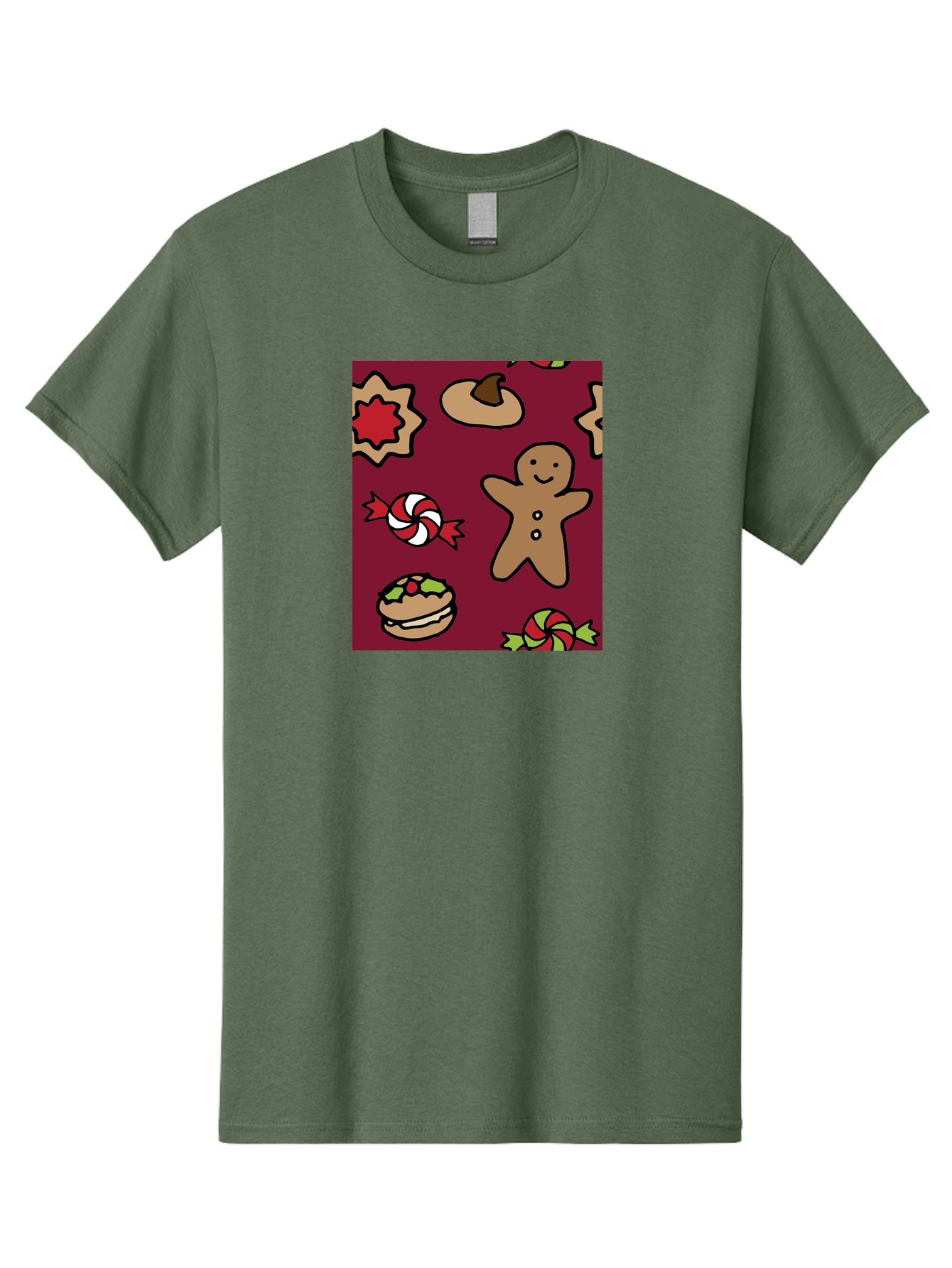 Gingerbread-Man Men'S Graphic Tee, 100% Cotton, Comfortable Casual Summer Wear, Machine Washable, Gingerbread Man, Christmas Sweets, Candies, Cookies, Festive Treats, Holiday Delights, Red And White Swirls, Christmas Cookies, - Aaa903