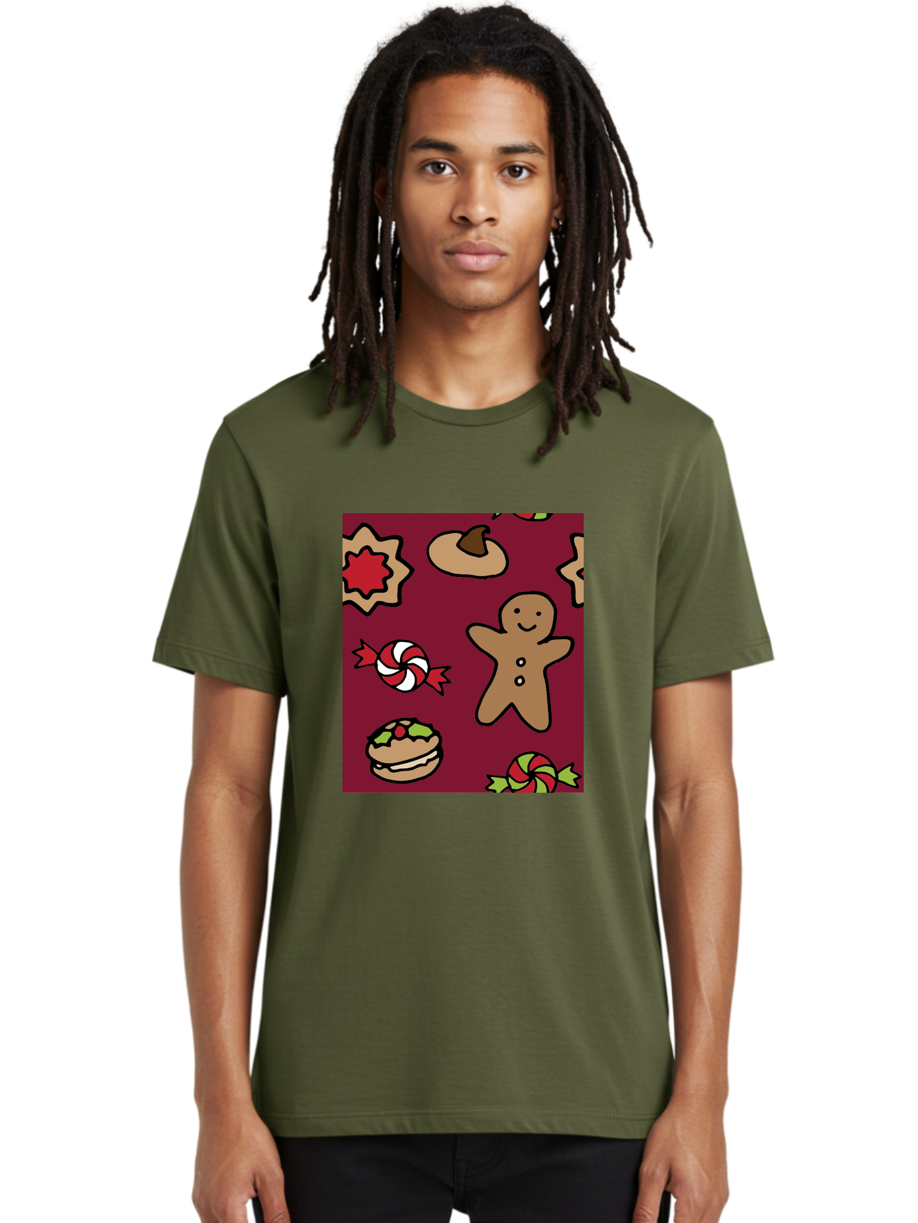 Gingerbread-Man Men'S Graphic Tee, 100% Cotton, Comfortable Casual Summer Wear, Machine Washable, Gingerbread Man, Christmas Sweets, Candies, Cookies, Festive Treats, Holiday Delights, Red And White Swirls, Christmas Cookies, - Aaa903