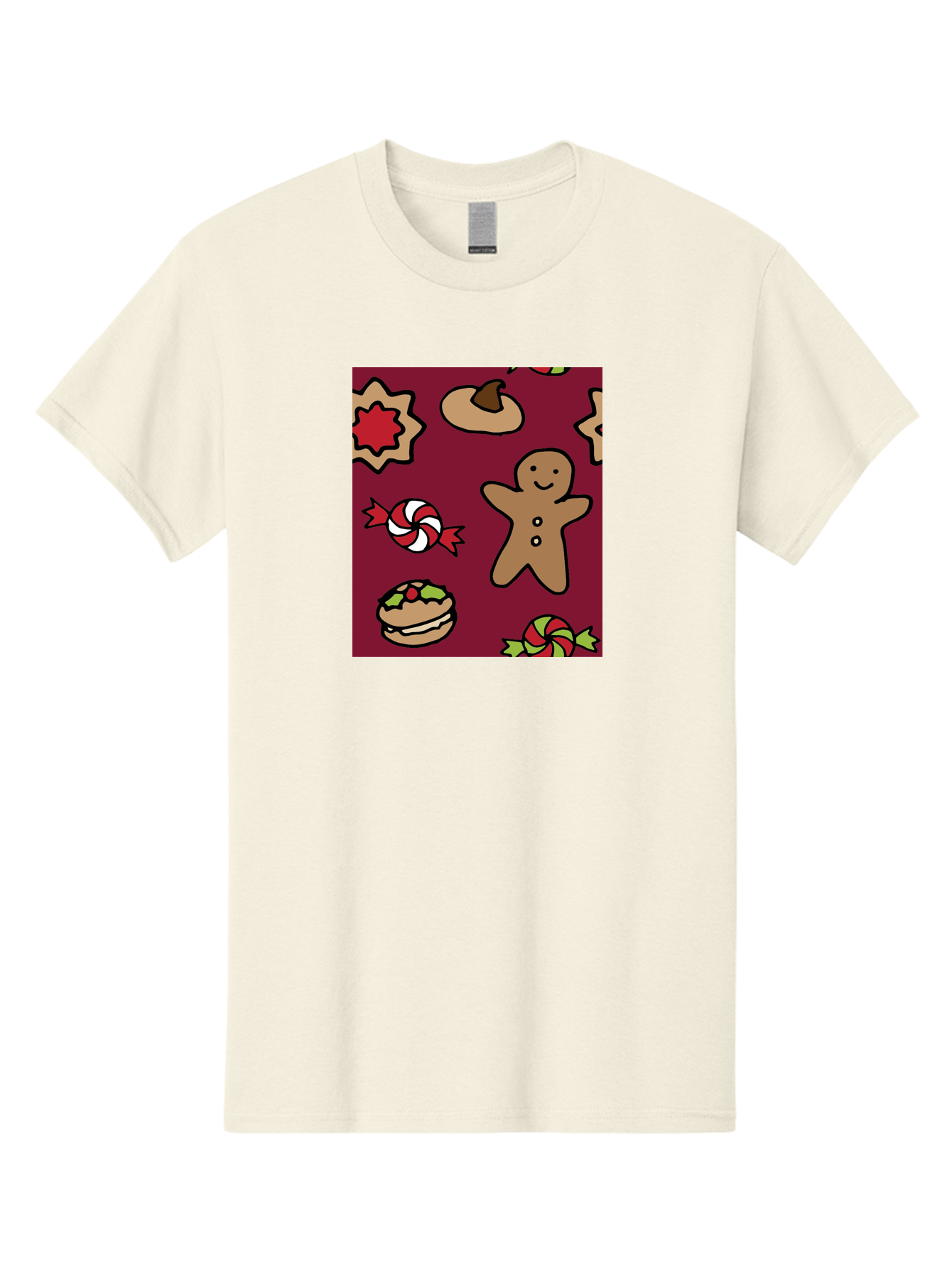 Gingerbread-Man Men'S Graphic Tee, 100% Cotton, Comfortable Casual Summer Wear, Machine Washable, Gingerbread Man, Christmas Sweets, Candies, Cookies, Festive Treats, Holiday Delights, Red And White Swirls, Christmas Cookies, - Aaa903