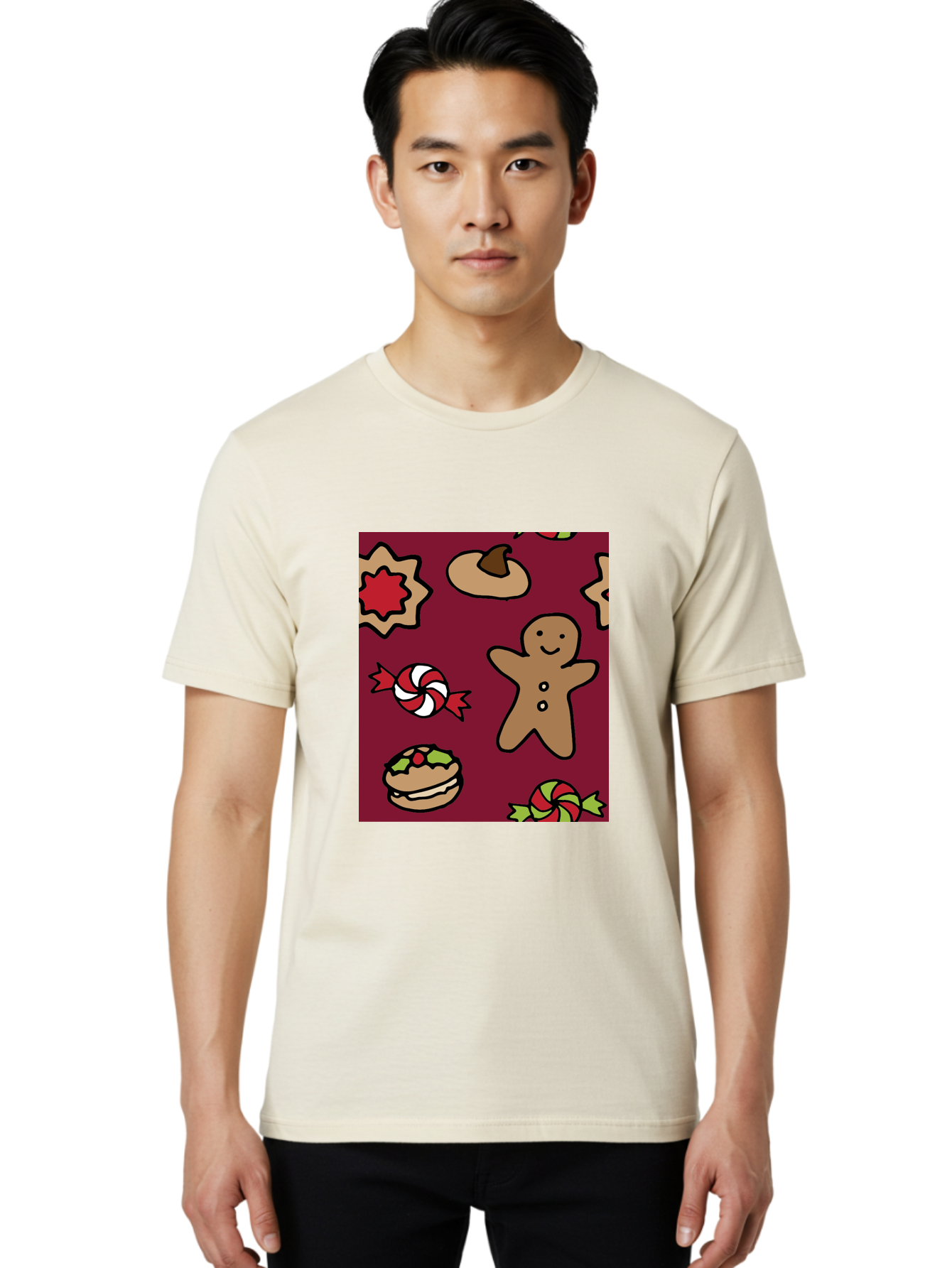 Gingerbread-Man Men'S Graphic Tee, 100% Cotton, Comfortable Casual Summer Wear, Machine Washable, Gingerbread Man, Christmas Sweets, Candies, Cookies, Festive Treats, Holiday Delights, Red And White Swirls, Christmas Cookies, - Aaa903