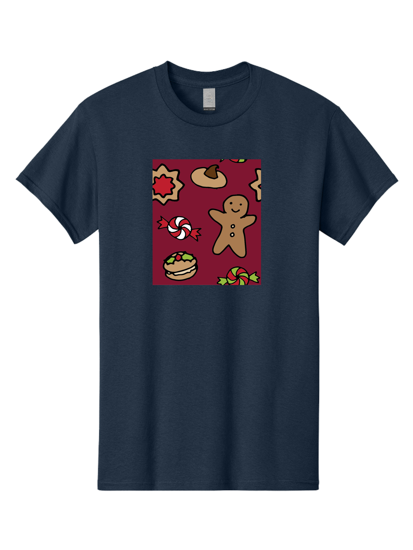 Gingerbread-Man Men'S Graphic Tee, 100% Cotton, Comfortable Casual Summer Wear, Machine Washable, Gingerbread Man, Christmas Sweets, Candies, Cookies, Festive Treats, Holiday Delights, Red And White Swirls, Christmas Cookies, - Aaa903