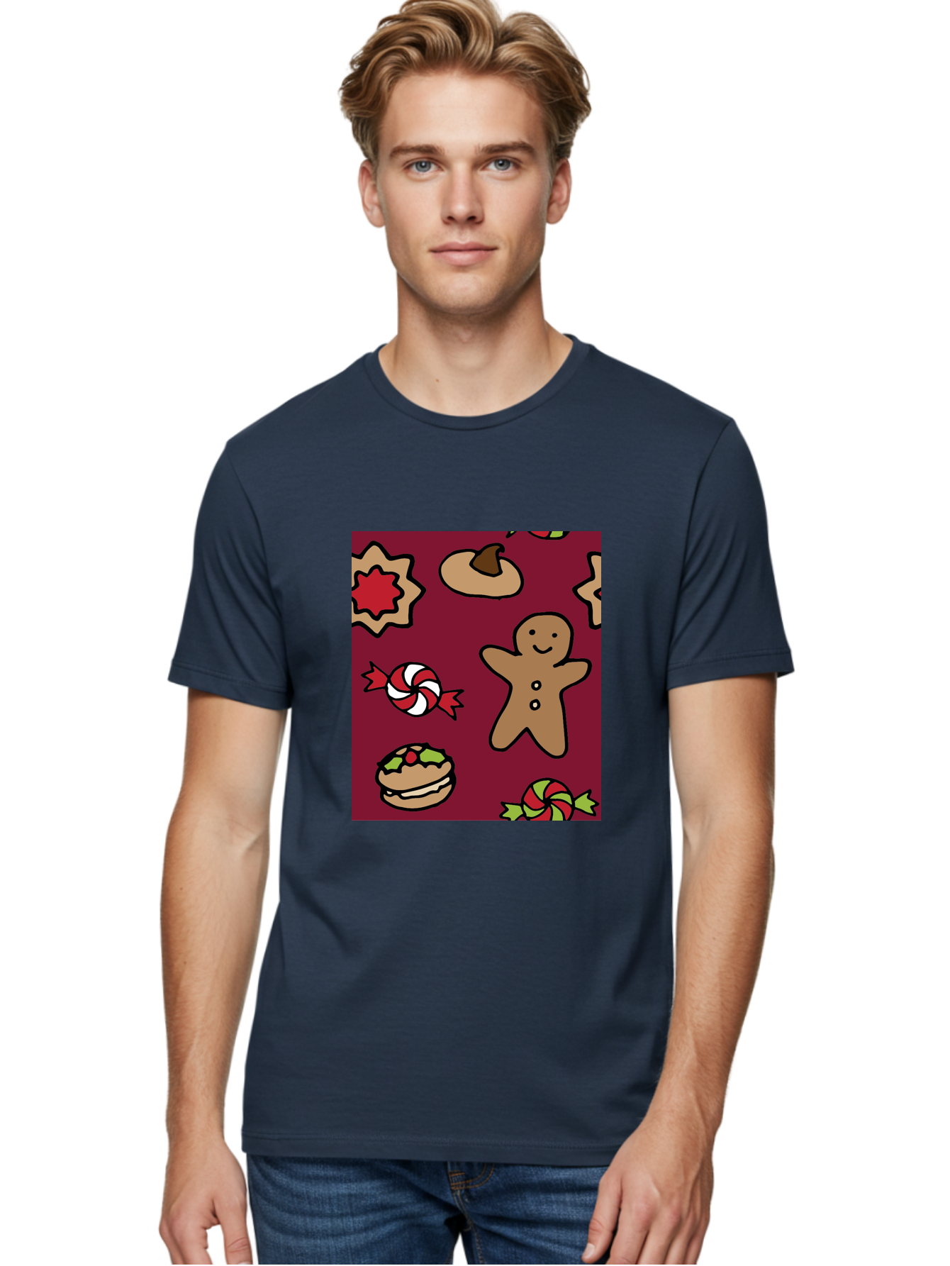 Gingerbread-Man Men'S Graphic Tee, 100% Cotton, Comfortable Casual Summer Wear, Machine Washable, Gingerbread Man, Christmas Sweets, Candies, Cookies, Festive Treats, Holiday Delights, Red And White Swirls, Christmas Cookies, - Aaa903