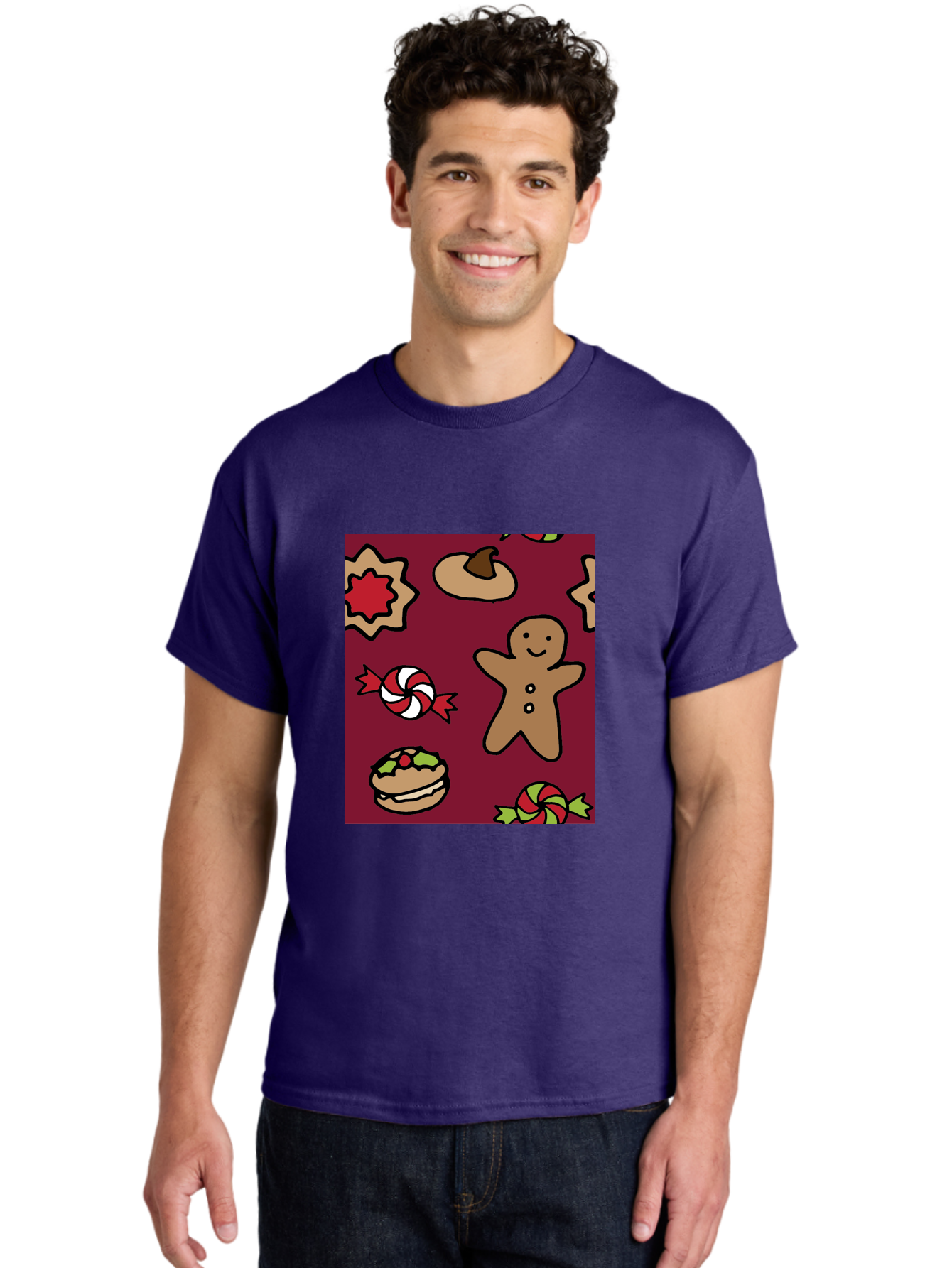 Gingerbread-Man Men'S Graphic Tee, 100% Cotton, Comfortable Casual Summer Wear, Machine Washable, Gingerbread Man, Christmas Sweets, Candies, Cookies, Festive Treats, Holiday Delights, Red And White Swirls, Christmas Cookies, - Aaa903