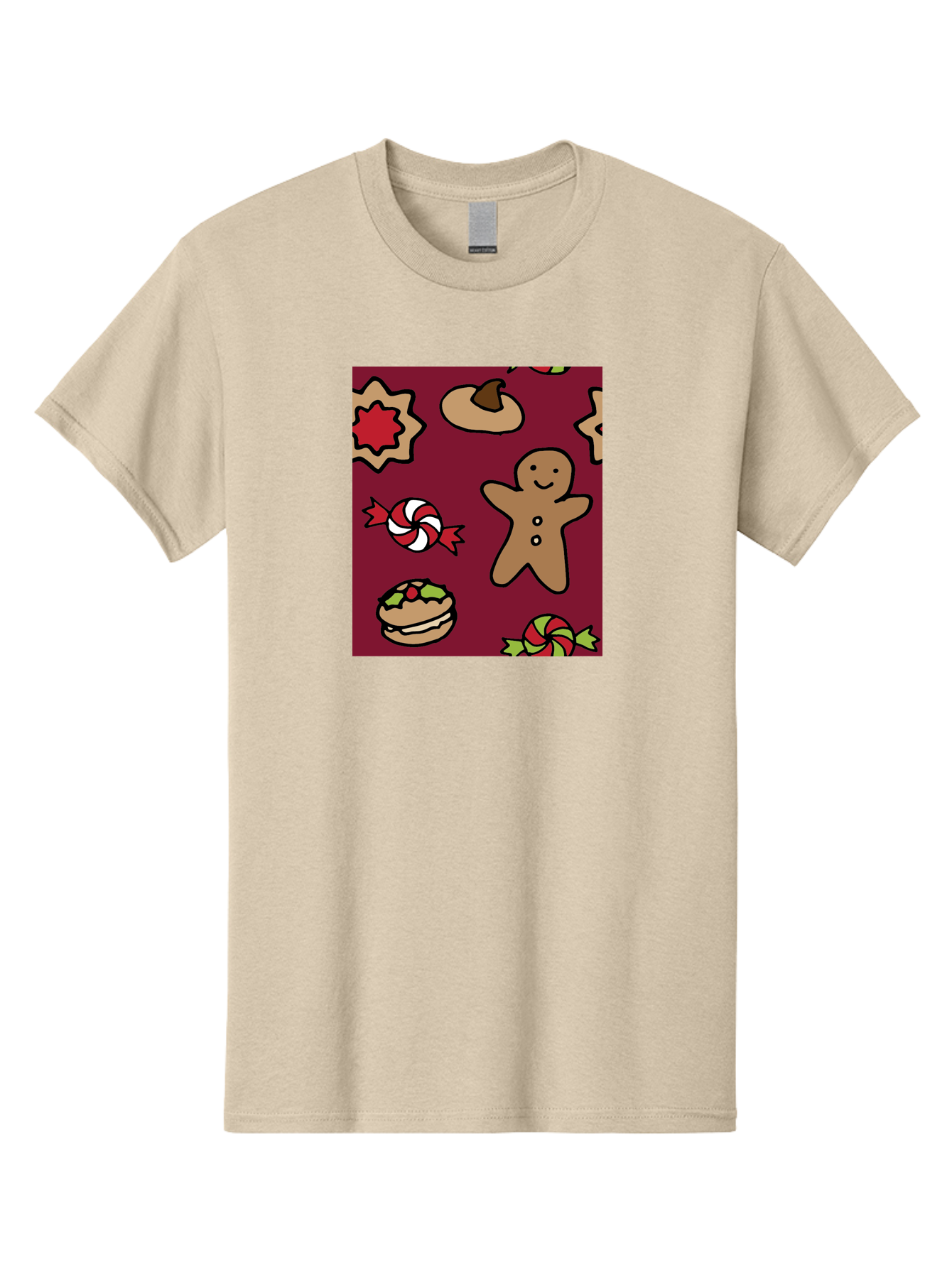 Gingerbread-Man Men'S Graphic Tee, 100% Cotton, Comfortable Casual Summer Wear, Machine Washable, Gingerbread Man, Christmas Sweets, Candies, Cookies, Festive Treats, Holiday Delights, Red And White Swirls, Christmas Cookies, - Aaa903