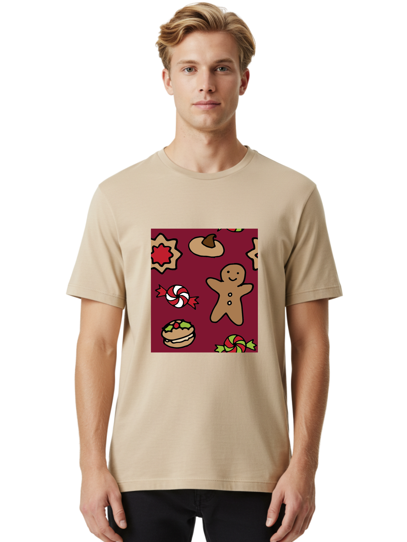 Gingerbread-Man Men'S Graphic Tee, 100% Cotton, Comfortable Casual Summer Wear, Machine Washable, Gingerbread Man, Christmas Sweets, Candies, Cookies, Festive Treats, Holiday Delights, Red And White Swirls, Christmas Cookies, - Aaa903