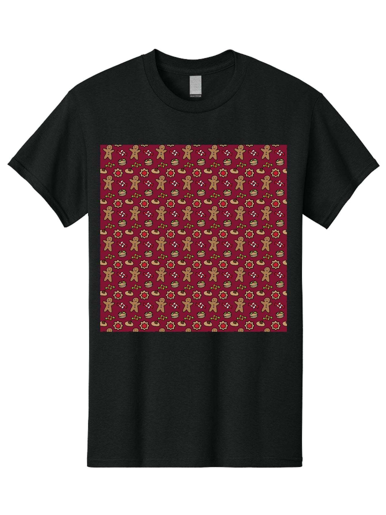 Gingerbread-Men-Pattern Men'S Graphic Tee, 100% Cotton, Comfortable Casual Summer Wear, Machine Washable, Gingerbread Men, Festive Holiday Pattern, Christmas Treats, Candy Canes, Cupcakes, Flowers, Red Background, Sweet Delights, Baking, - Aaa904