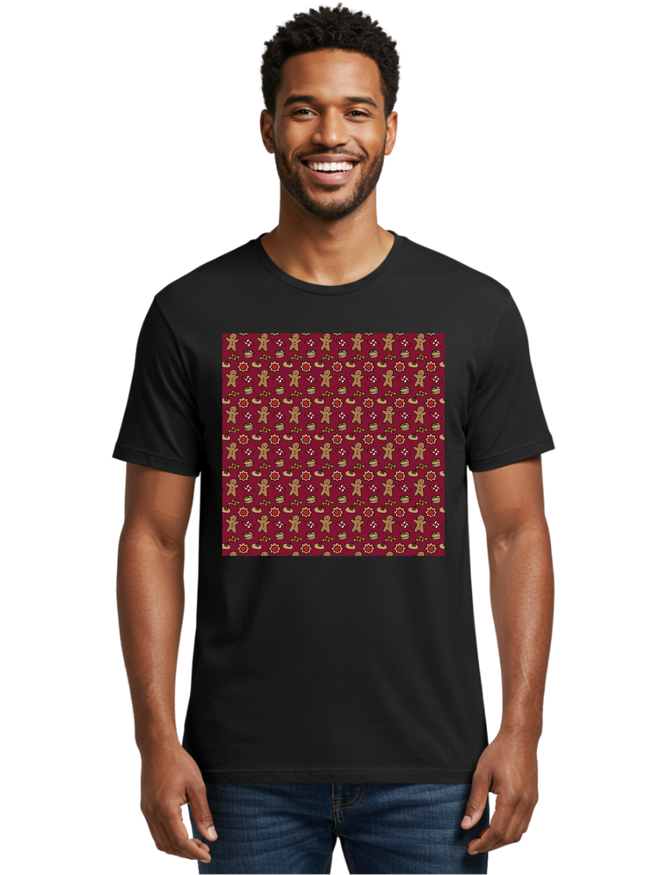 Gingerbread-Men-Pattern Men'S Graphic Tee, 100% Cotton, Comfortable Casual Summer Wear, Machine Washable, Gingerbread Men, Festive Holiday Pattern, Christmas Treats, Candy Canes, Cupcakes, Flowers, Red Background, Sweet Delights, Baking, - Aaa904