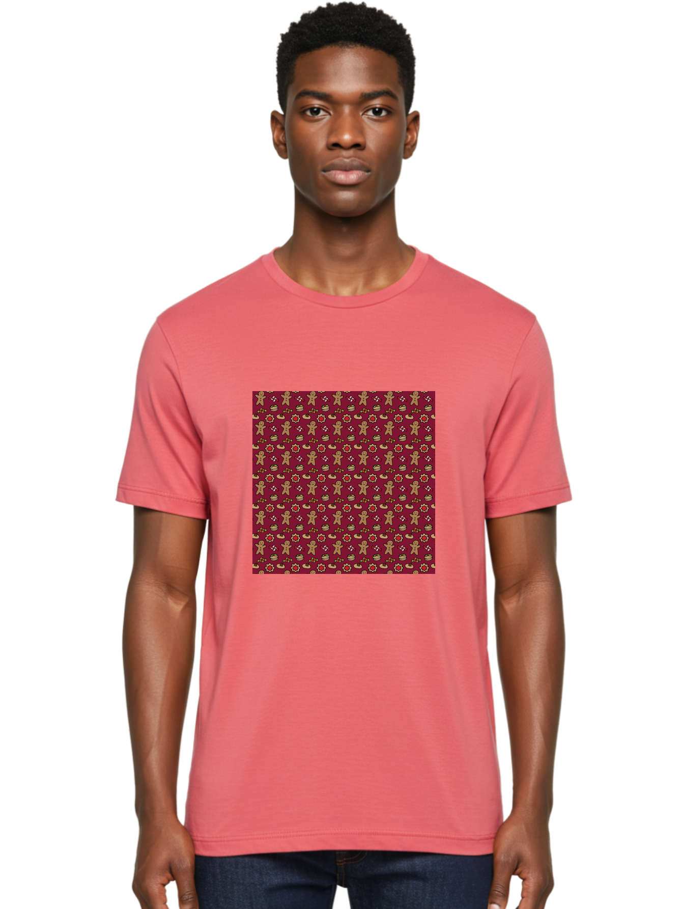 Gingerbread-Men-Pattern Men'S Graphic Tee, 100% Cotton, Comfortable Casual Summer Wear, Machine Washable, Gingerbread Men, Festive Holiday Pattern, Christmas Treats, Candy Canes, Cupcakes, Flowers, Red Background, Sweet Delights, Baking, - Aaa904