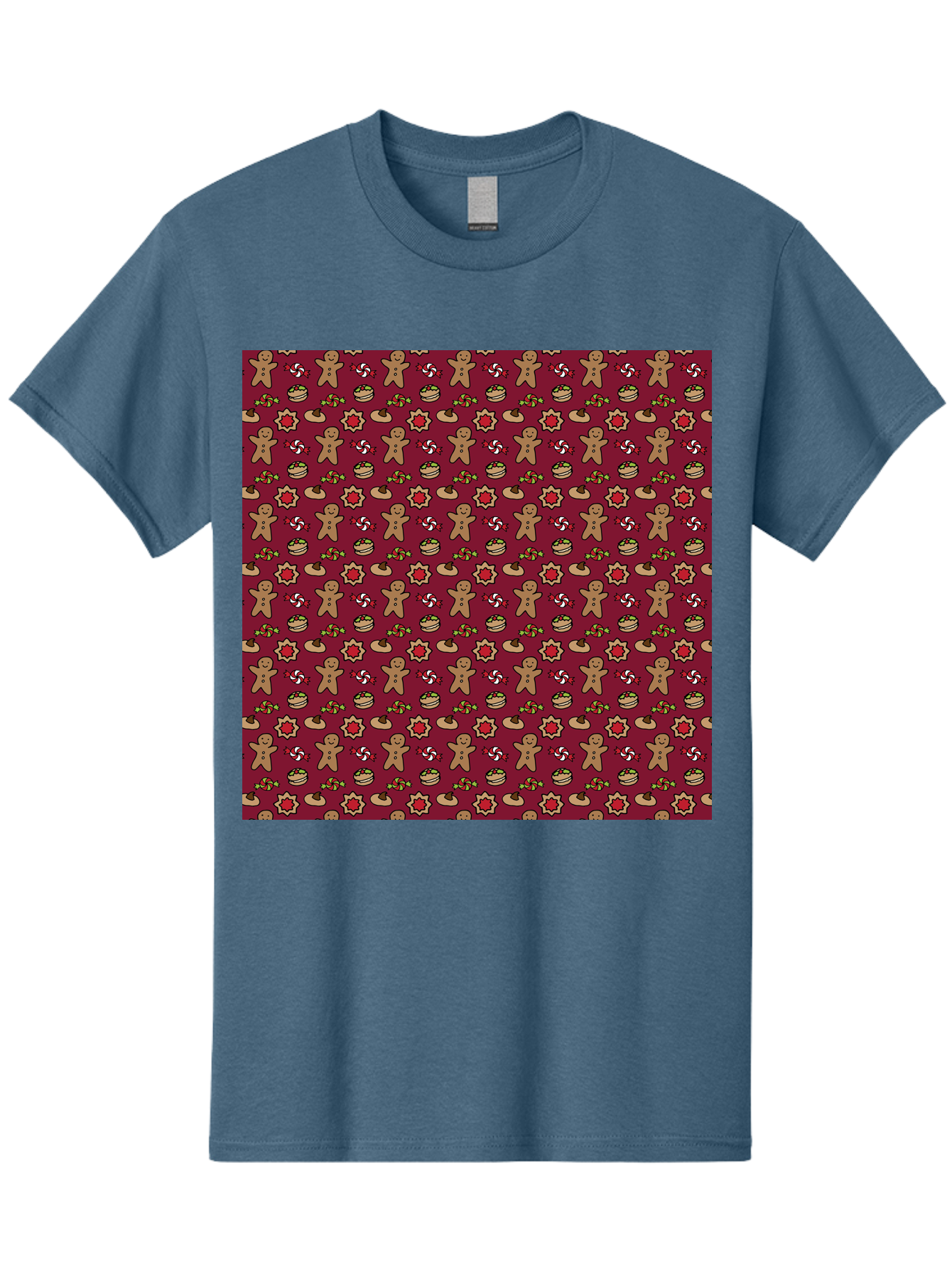 Gingerbread-Men-Pattern Men'S Graphic Tee, 100% Cotton, Comfortable Casual Summer Wear, Machine Washable, Gingerbread Men, Festive Holiday Pattern, Christmas Treats, Candy Canes, Cupcakes, Flowers, Red Background, Sweet Delights, Baking, - Aaa904