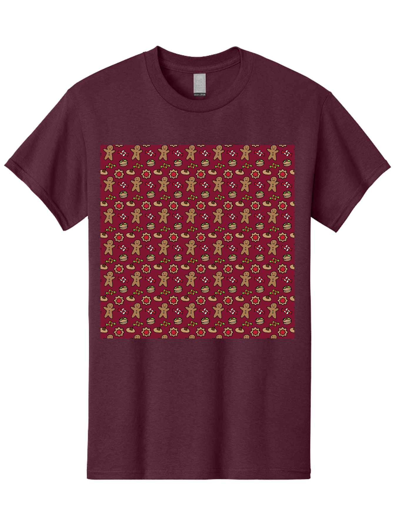 Gingerbread-Men-Pattern Men'S Graphic Tee, 100% Cotton, Comfortable Casual Summer Wear, Machine Washable, Gingerbread Men, Festive Holiday Pattern, Christmas Treats, Candy Canes, Cupcakes, Flowers, Red Background, Sweet Delights, Baking, - Aaa904