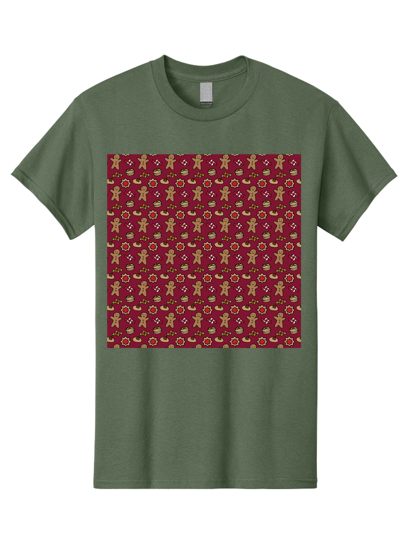 Gingerbread-Men-Pattern Men'S Graphic Tee, 100% Cotton, Comfortable Casual Summer Wear, Machine Washable, Gingerbread Men, Festive Holiday Pattern, Christmas Treats, Candy Canes, Cupcakes, Flowers, Red Background, Sweet Delights, Baking, - Aaa904