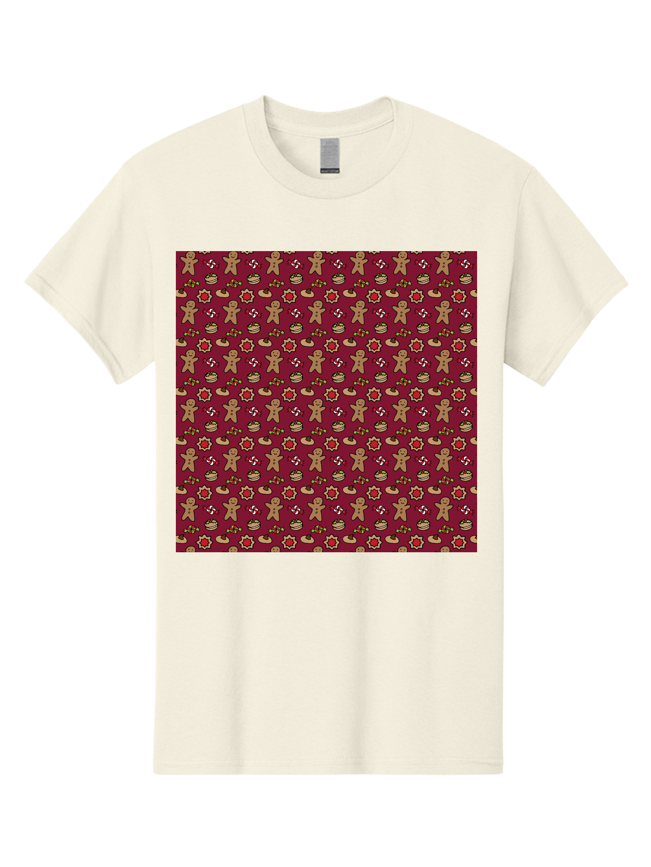 Gingerbread-Men-Pattern Men'S Graphic Tee, 100% Cotton, Comfortable Casual Summer Wear, Machine Washable, Gingerbread Men, Festive Holiday Pattern, Christmas Treats, Candy Canes, Cupcakes, Flowers, Red Background, Sweet Delights, Baking, - Aaa904