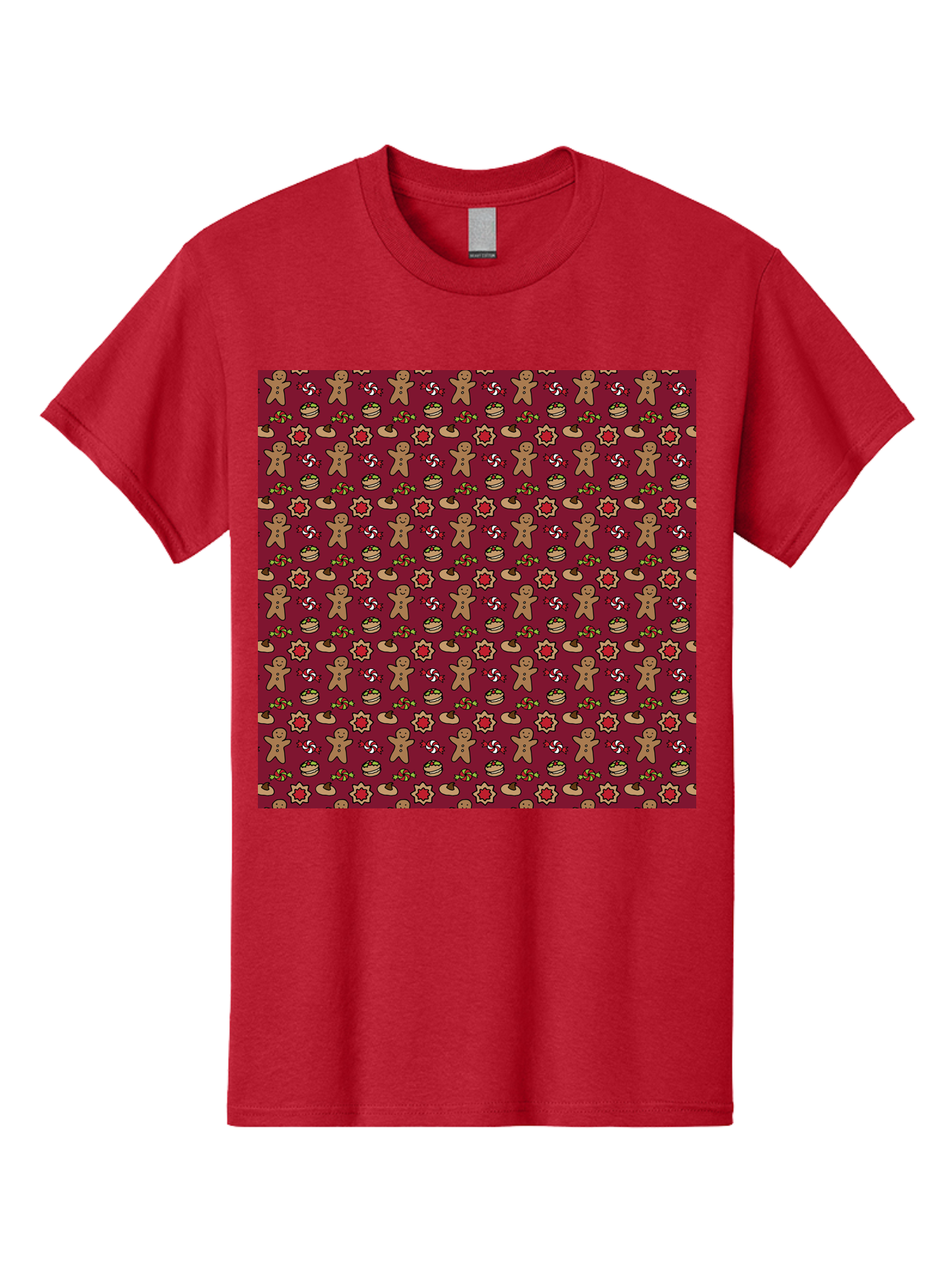 Gingerbread-Men-Pattern Men'S Graphic Tee, 100% Cotton, Comfortable Casual Summer Wear, Machine Washable, Gingerbread Men, Festive Holiday Pattern, Christmas Treats, Candy Canes, Cupcakes, Flowers, Red Background, Sweet Delights, Baking, - Aaa904