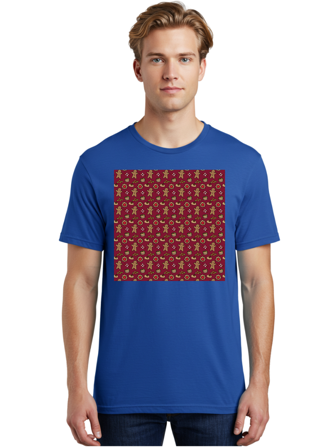 Gingerbread-Men-Pattern Men'S Graphic Tee, 100% Cotton, Comfortable Casual Summer Wear, Machine Washable, Gingerbread Men, Festive Holiday Pattern, Christmas Treats, Candy Canes, Cupcakes, Flowers, Red Background, Sweet Delights, Baking, - Aaa904