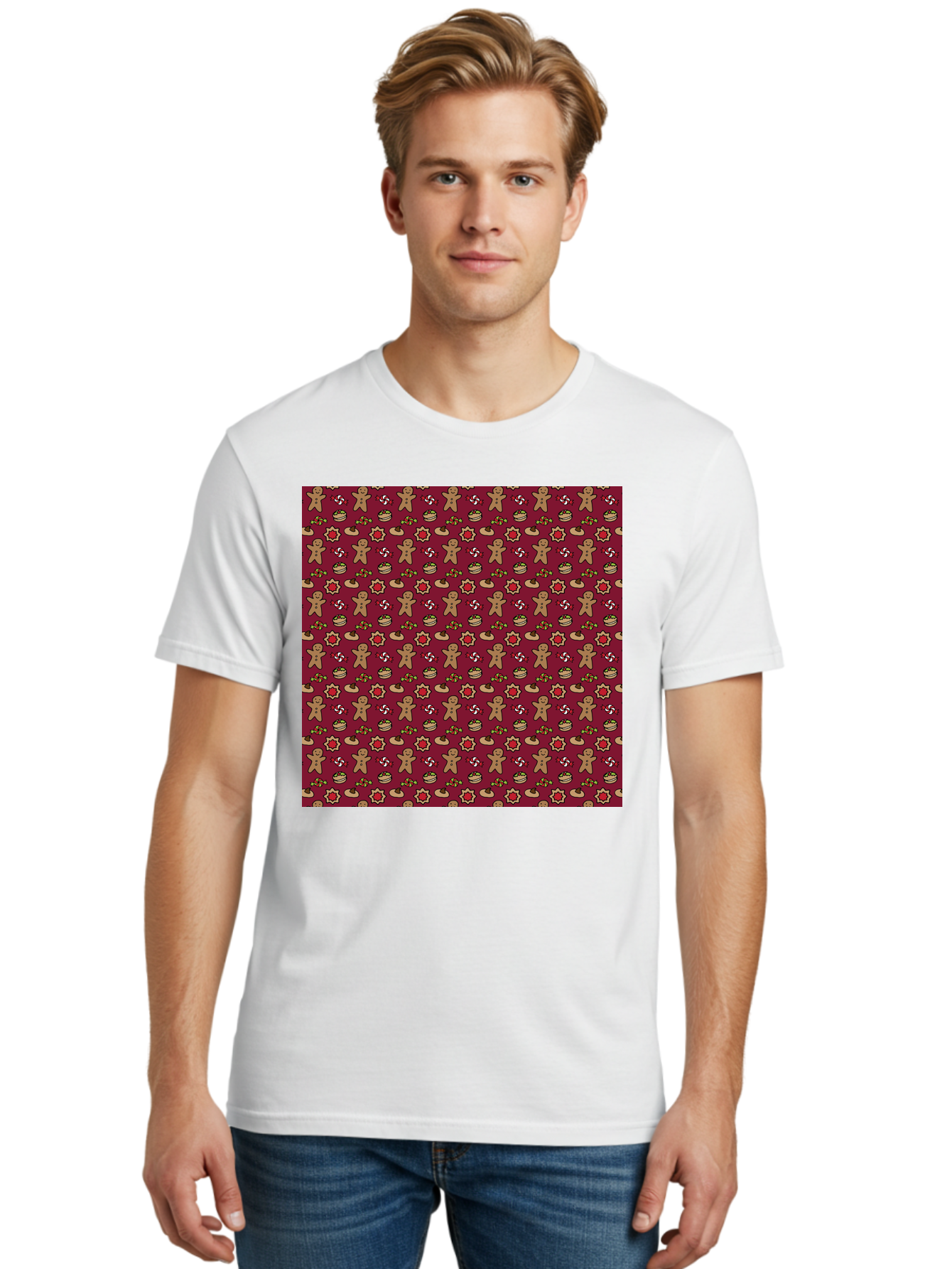 Gingerbread-Men-Pattern Men'S Graphic Tee, 100% Cotton, Comfortable Casual Summer Wear, Machine Washable, Gingerbread Men, Festive Holiday Pattern, Christmas Treats, Candy Canes, Cupcakes, Flowers, Red Background, Sweet Delights, Baking, - Aaa904
