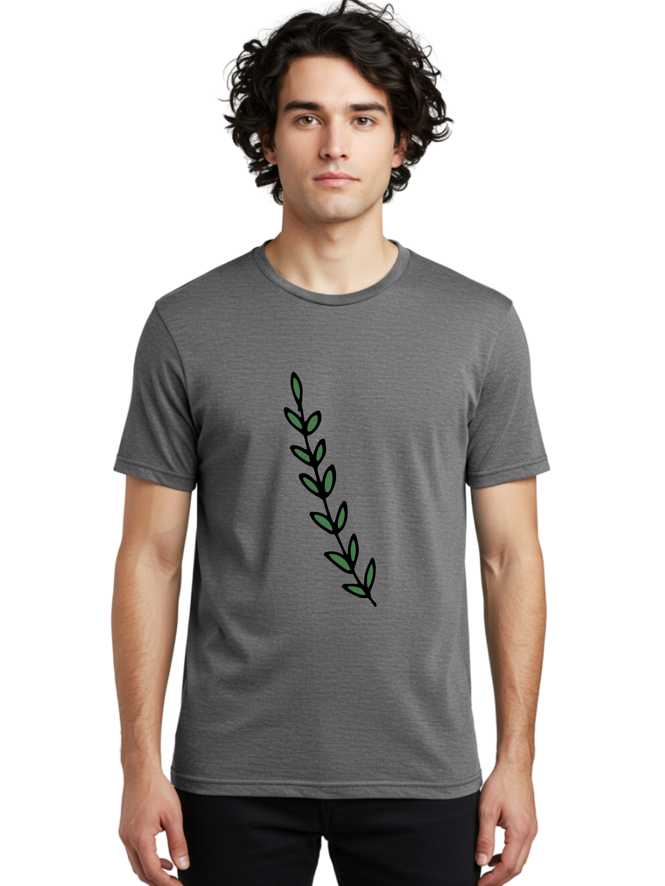 Green-Leaves Men'S Graphic Tee, 100% Cotton, Comfortable Casual Summer Wear, Machine Washable, Simple Stem, Leafy Greens, Minimalist Design, Dark Gray Leaves, Black Outline, Botanical Illustration, Modern Graphics - Aaa906
