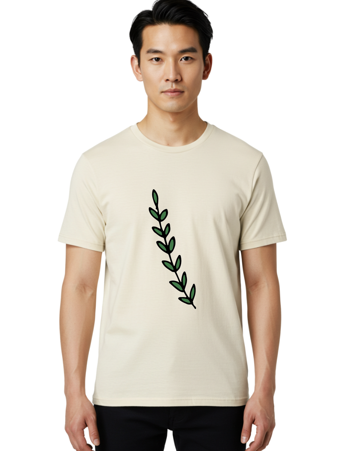 Green-Leaves Men'S Graphic Tee, 100% Cotton, Comfortable Casual Summer Wear, Machine Washable, Simple Stem, Leafy Greens, Minimalist Design, Dark Gray Leaves, Black Outline, Botanical Illustration, Modern Graphics - Aaa906