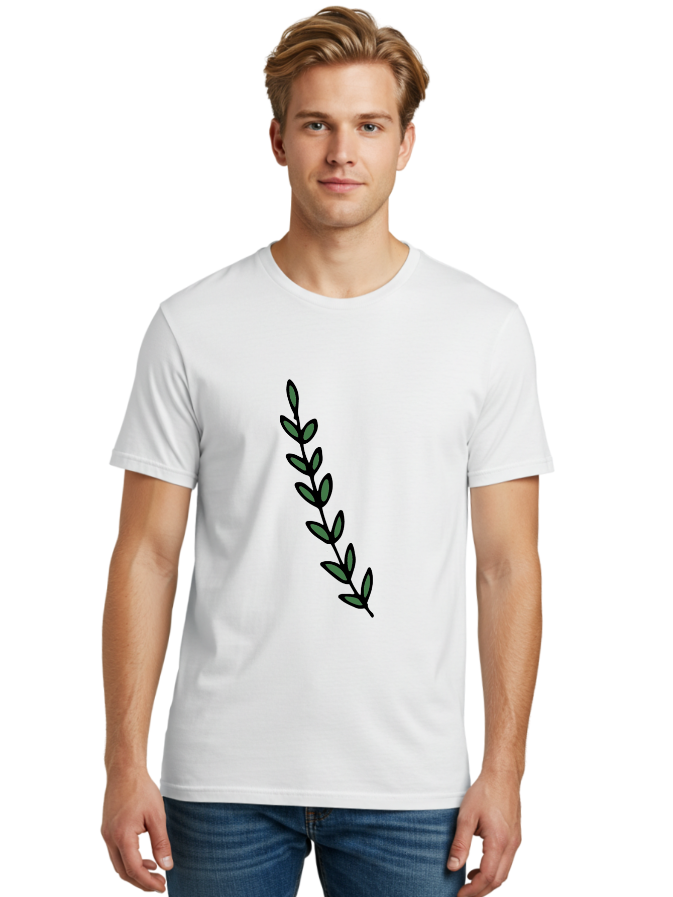 Green-Leaves Men'S Graphic Tee, 100% Cotton, Comfortable Casual Summer Wear, Machine Washable, Simple Stem, Leafy Greens, Minimalist Design, Dark Gray Leaves, Black Outline, Botanical Illustration, Modern Graphics - Aaa906