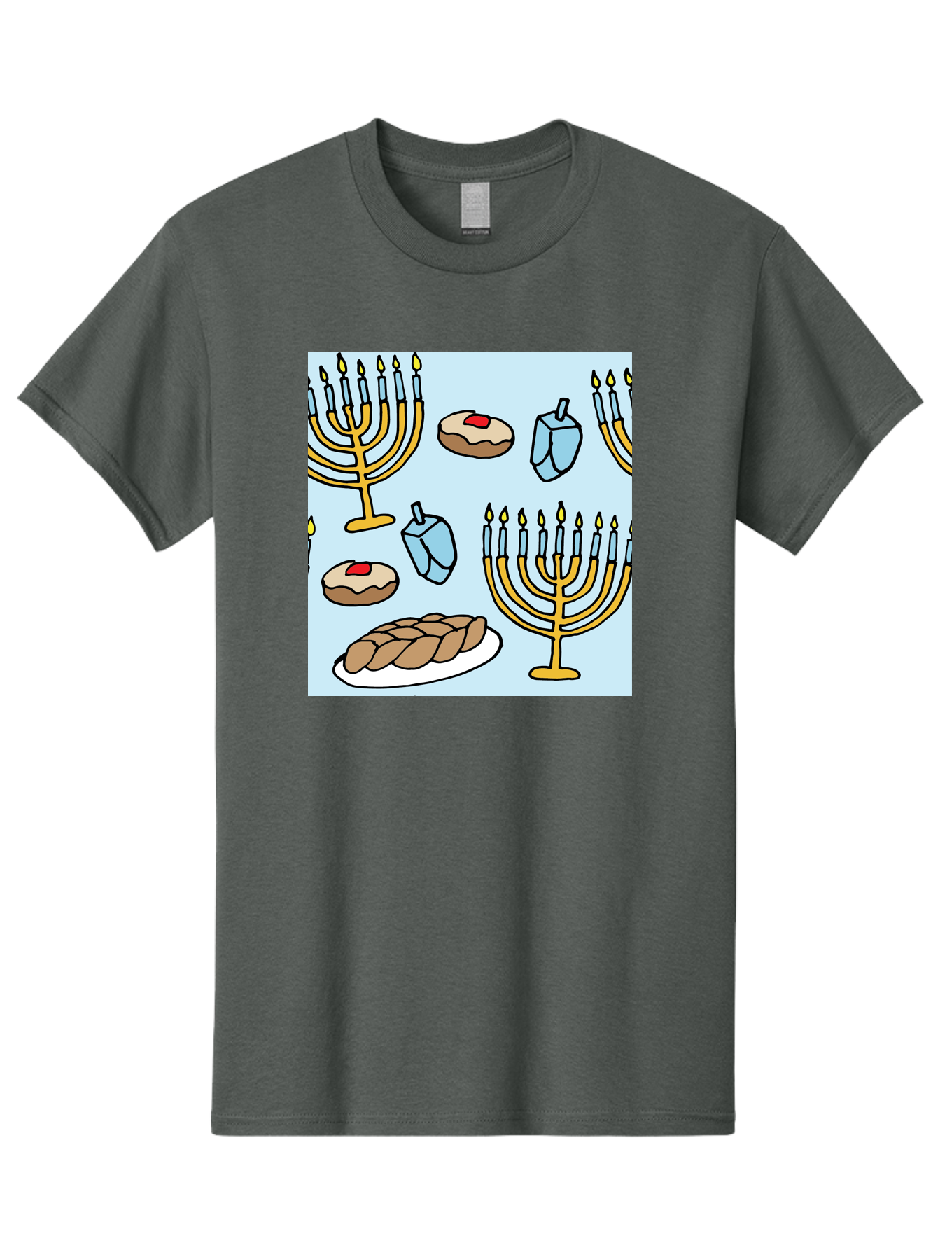 Hanukkah-Symbols Men'S Graphic Tee, 100% Cotton, Comfortable Casual Summer Wear, Machine Washable, Menorahs With Lit Candles, Sufganiyot Jelly Donuts, Dreidels, Challah Bread, Hanukkah Traditions, Jewish Holiday, Festive Food, - Aaa910