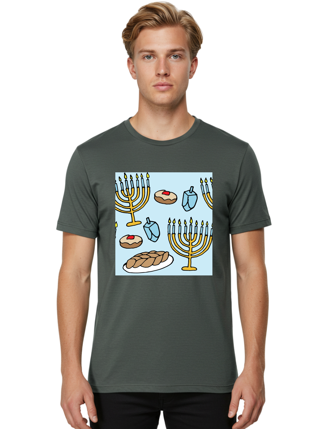 Hanukkah-Symbols Men'S Graphic Tee, 100% Cotton, Comfortable Casual Summer Wear, Machine Washable, Menorahs With Lit Candles, Sufganiyot Jelly Donuts, Dreidels, Challah Bread, Hanukkah Traditions, Jewish Holiday, Festive Food, - Aaa910