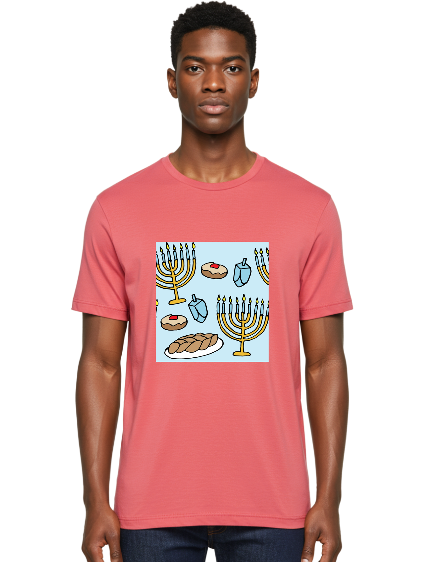 Hanukkah-Symbols Men'S Graphic Tee, 100% Cotton, Comfortable Casual Summer Wear, Machine Washable, Menorahs With Lit Candles, Sufganiyot Jelly Donuts, Dreidels, Challah Bread, Hanukkah Traditions, Jewish Holiday, Festive Food, - Aaa910