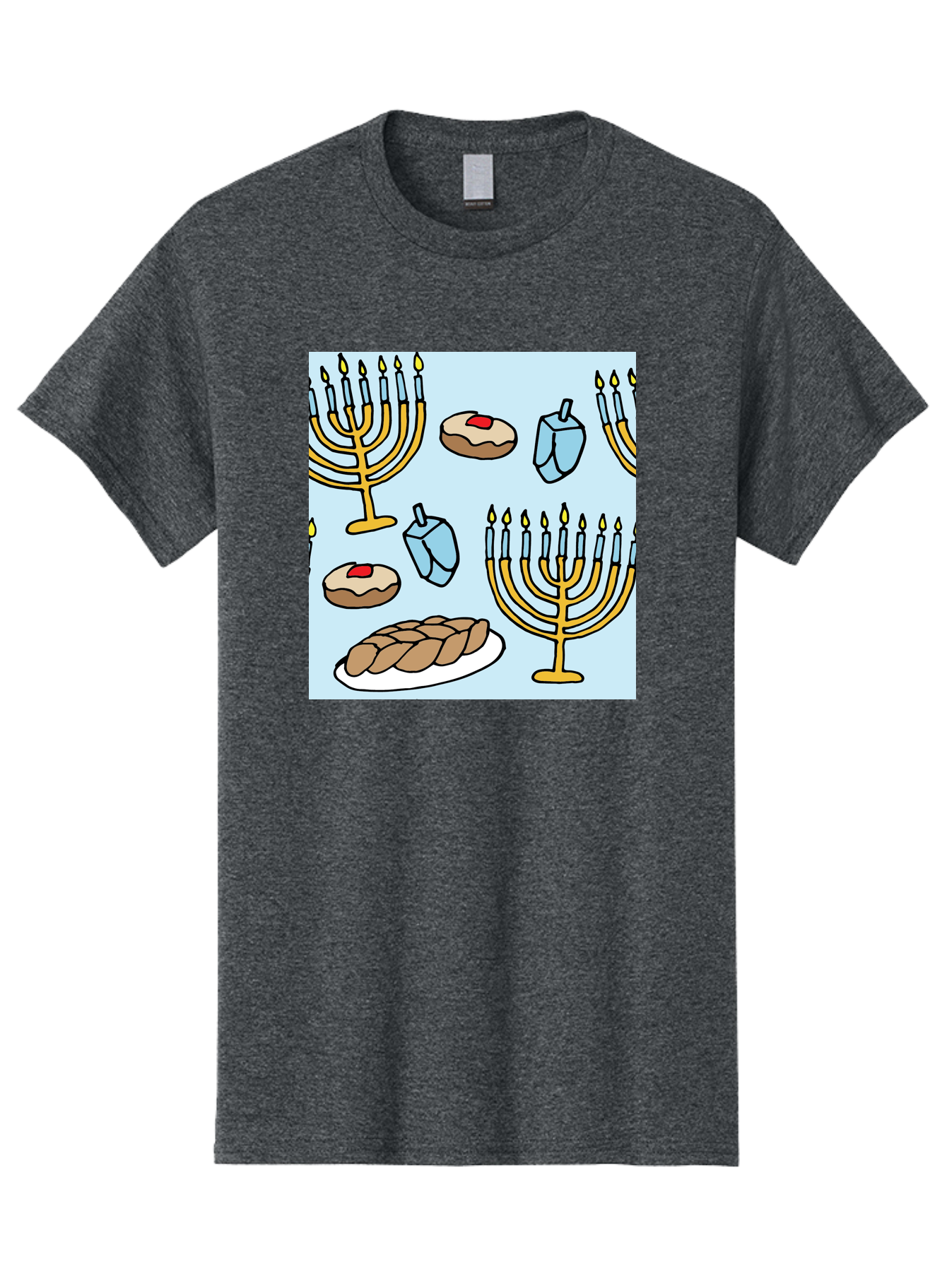 Hanukkah-Symbols Men'S Graphic Tee, 100% Cotton, Comfortable Casual Summer Wear, Machine Washable, Menorahs With Lit Candles, Sufganiyot Jelly Donuts, Dreidels, Challah Bread, Hanukkah Traditions, Jewish Holiday, Festive Food, - Aaa910