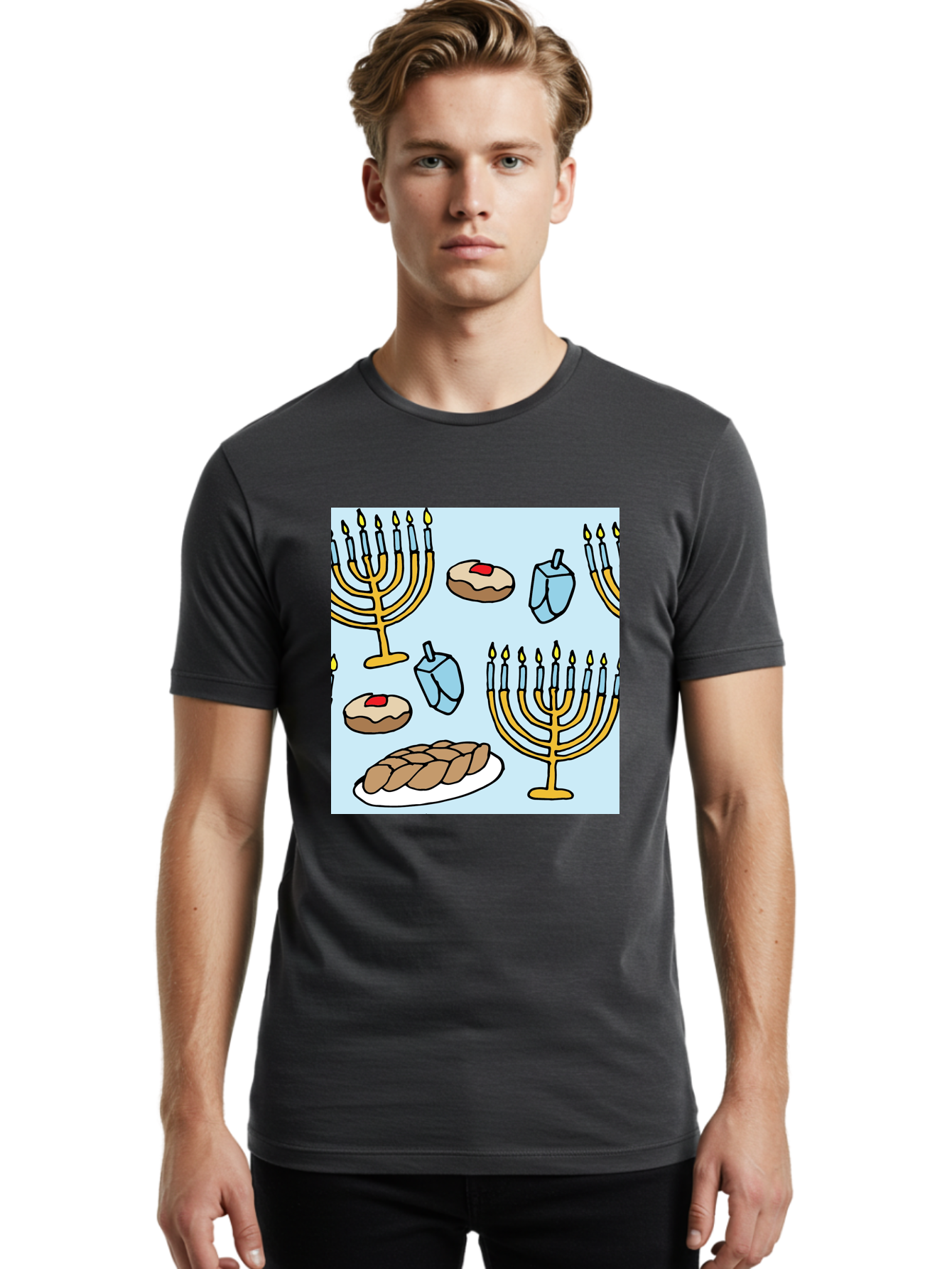 Hanukkah-Symbols Men'S Graphic Tee, 100% Cotton, Comfortable Casual Summer Wear, Machine Washable, Menorahs With Lit Candles, Sufganiyot Jelly Donuts, Dreidels, Challah Bread, Hanukkah Traditions, Jewish Holiday, Festive Food, - Aaa910