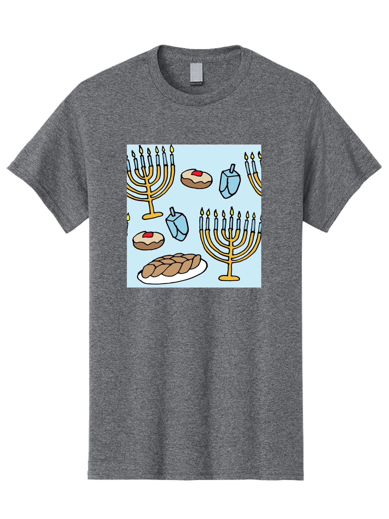 Hanukkah-Symbols Men'S Graphic Tee, 100% Cotton, Comfortable Casual Summer Wear, Machine Washable, Menorahs With Lit Candles, Sufganiyot Jelly Donuts, Dreidels, Challah Bread, Hanukkah Traditions, Jewish Holiday, Festive Food, - Aaa910